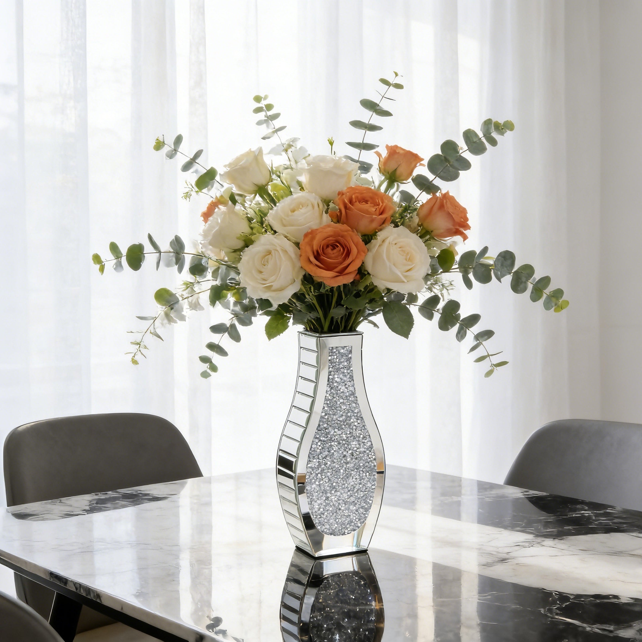 Silver Crushed Diamond Table Flower Vase for Dried Flowers Mirrored Table Centerpiece