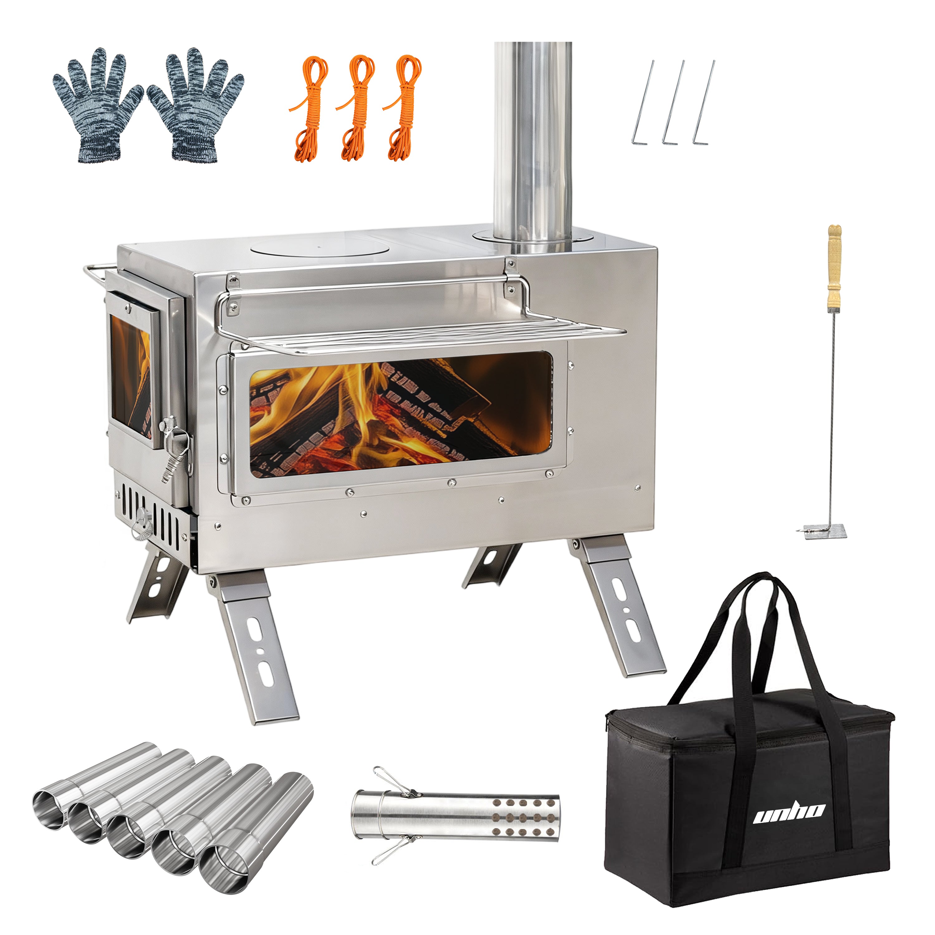 Outdoor Camping Tent Wood Burner Stove with 7 Chimney Pipes