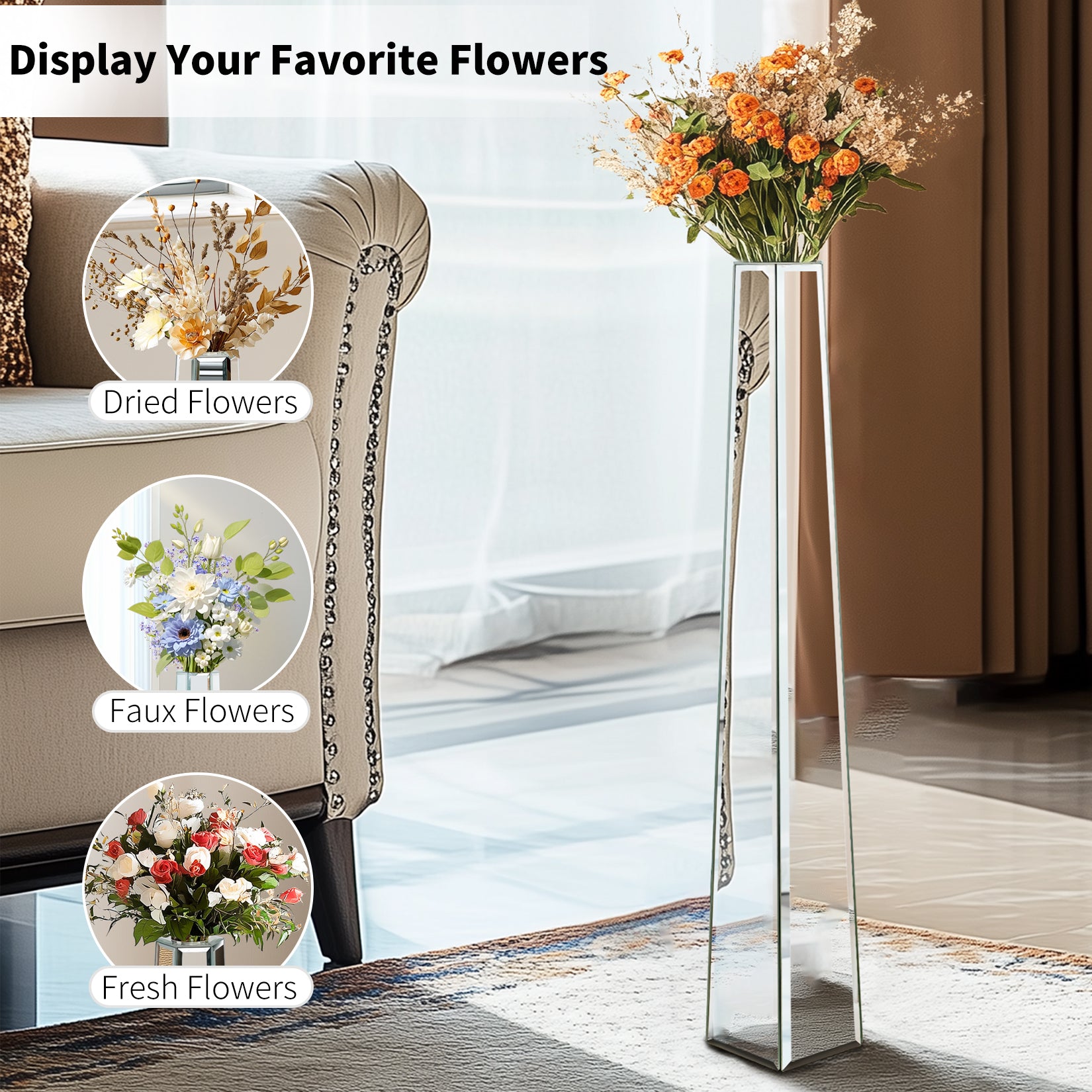 Mirrored Floor Vase: 30” Tall Mirrored Glass Flower Floor Vase for Holding Dried Flowers