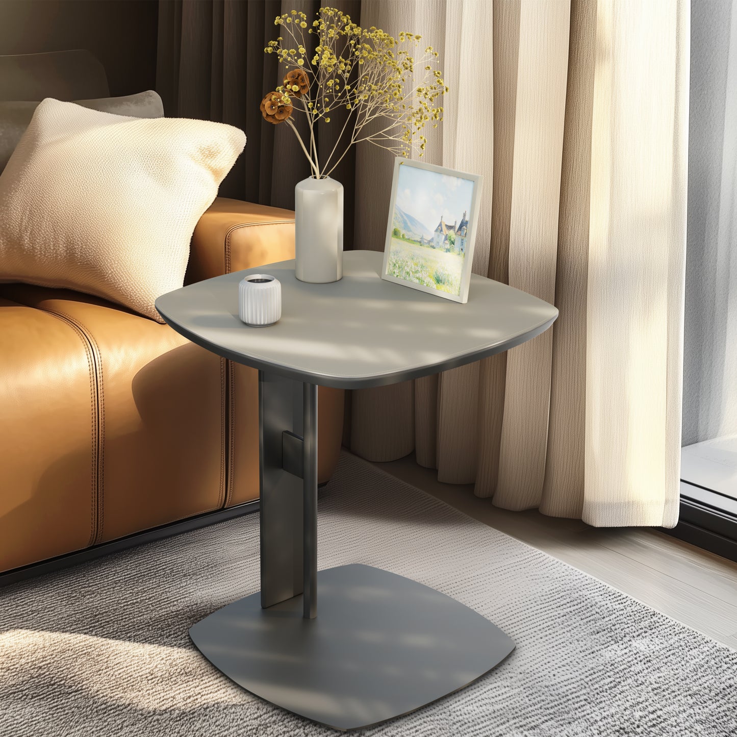 C Shaped Sofa Side Table Microfiber Saddle Leather End Table Furniture