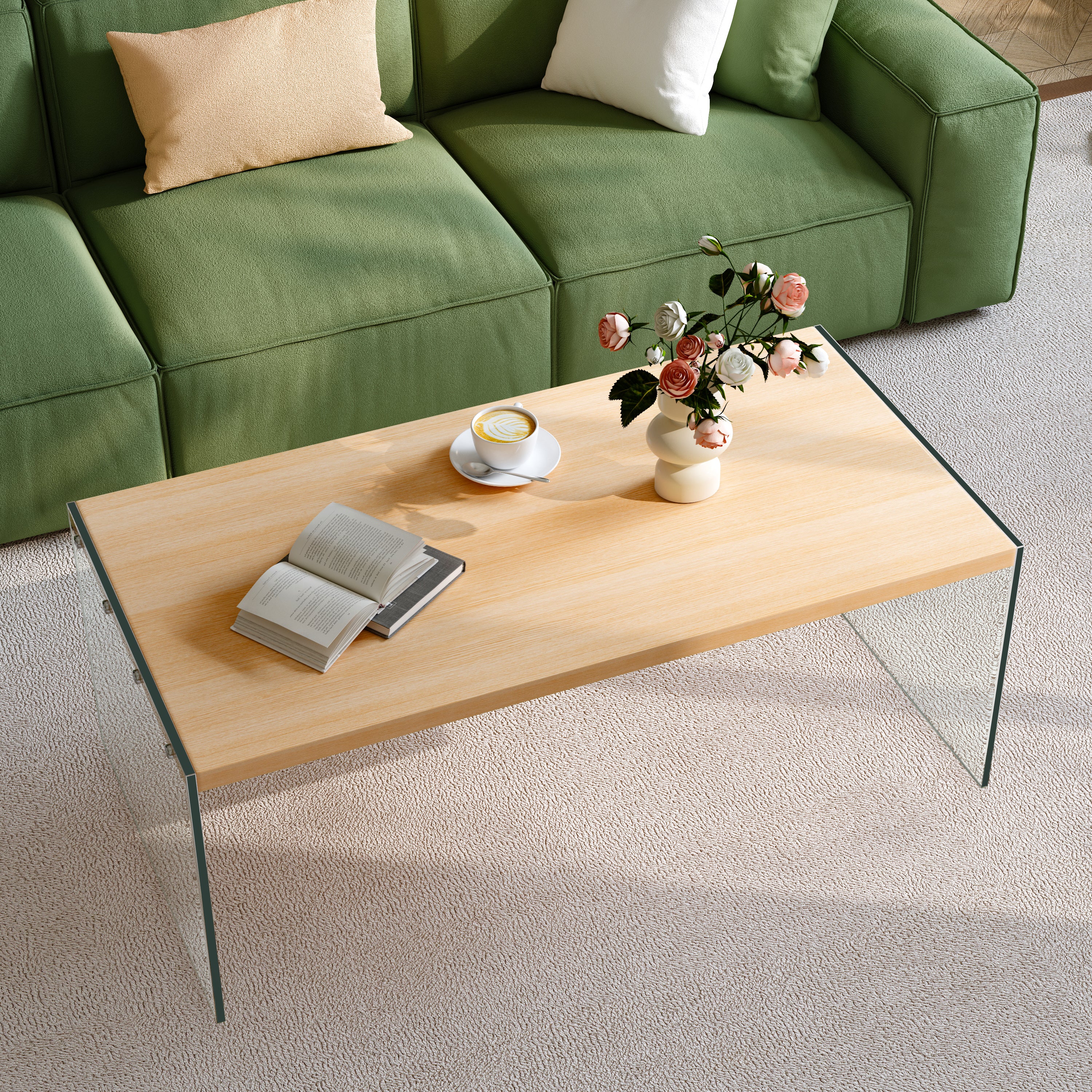 Rectangular Coffee Table: New Release Wood-tone MDF Coffee Table with Tempered Glass Legs