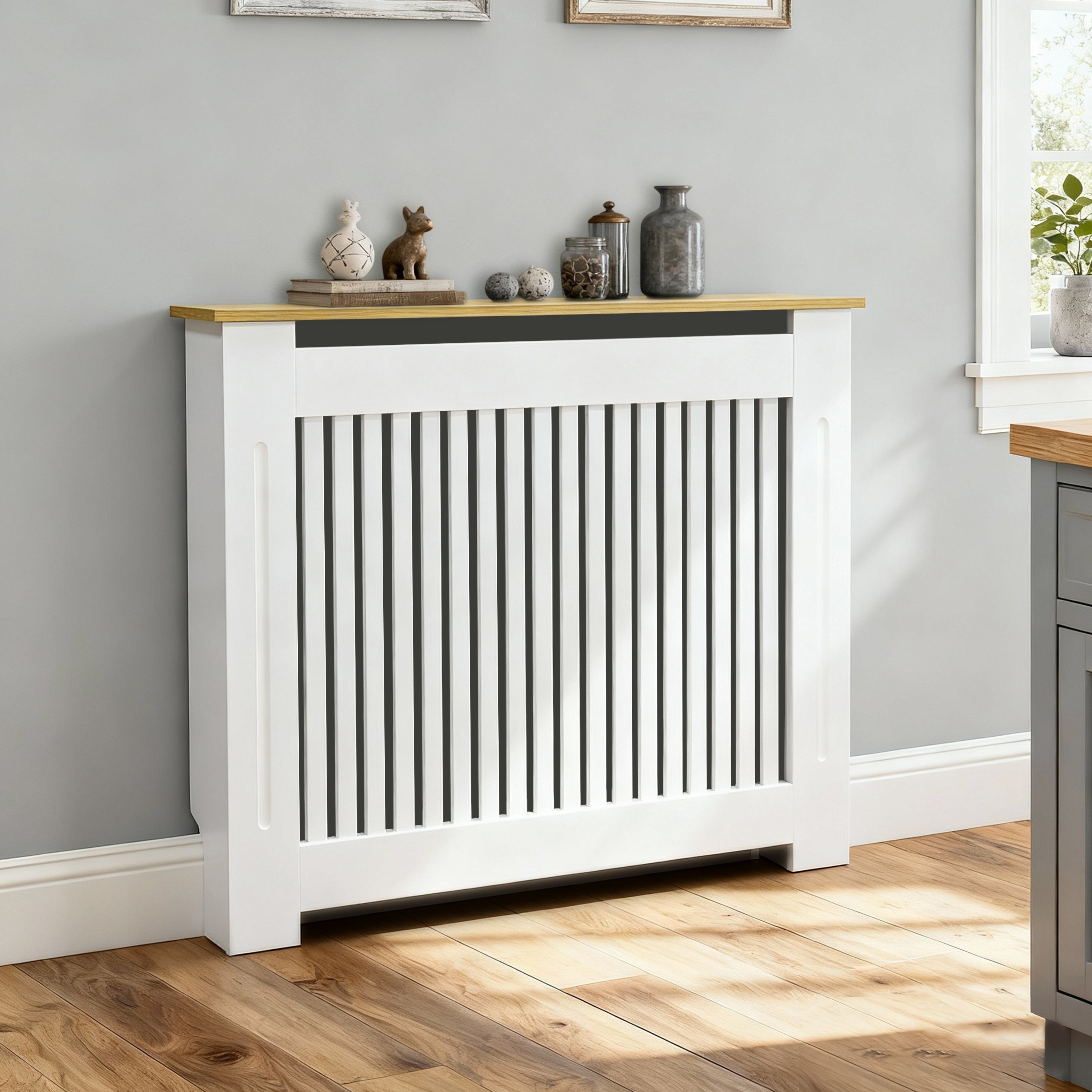 FATIVO Radiator Cover | Intenal Height 90.5cm | Vertical Slatted White Radiator Cover w/ Wood-grain Top, MDF Heater Cover