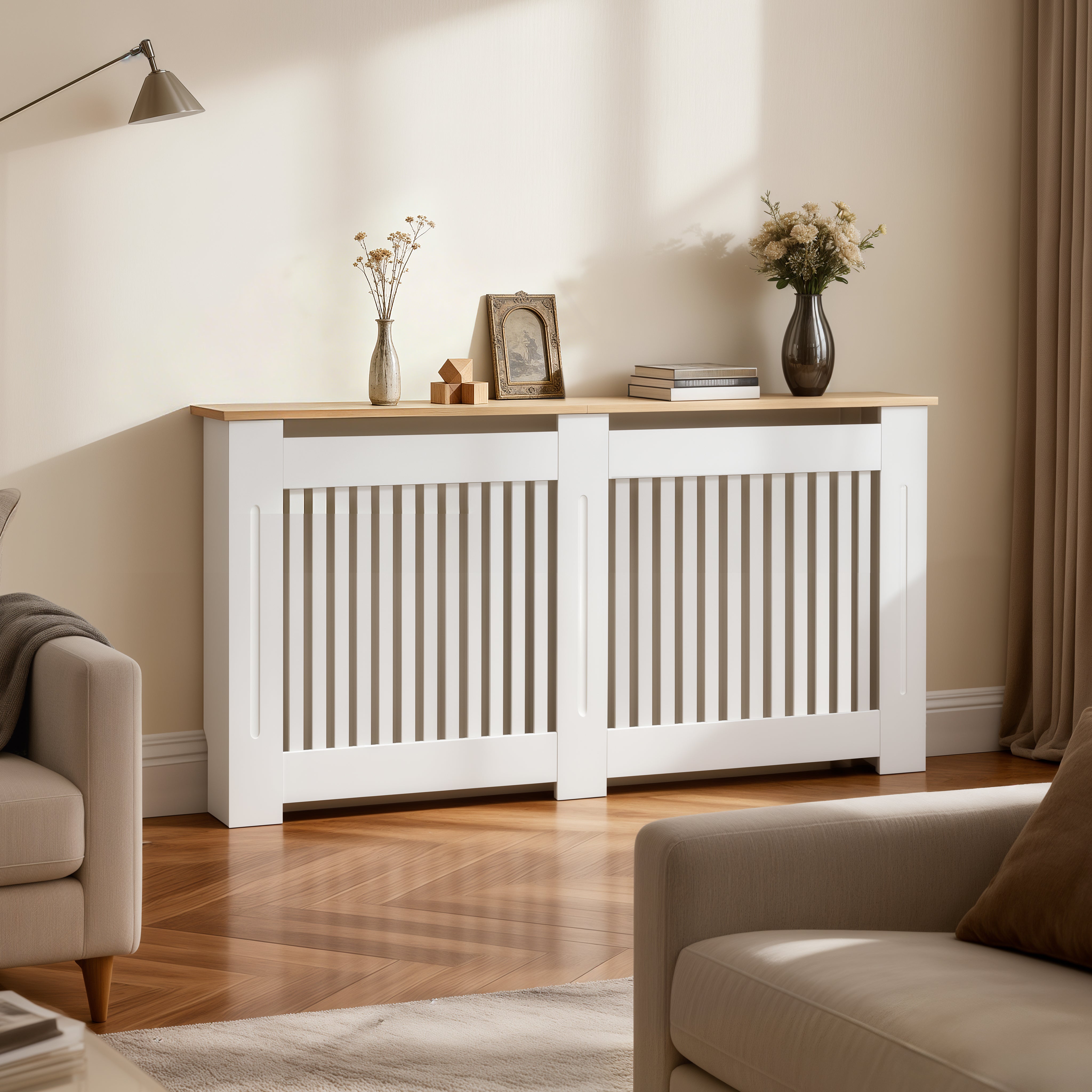 FATIVO Radiator Cover | Internal Height 81cm |  Vertical Slatted Heater Radiator Cover White MDF Radiator Cover with Wood Texture Nature Top for Living Room, Bedroom