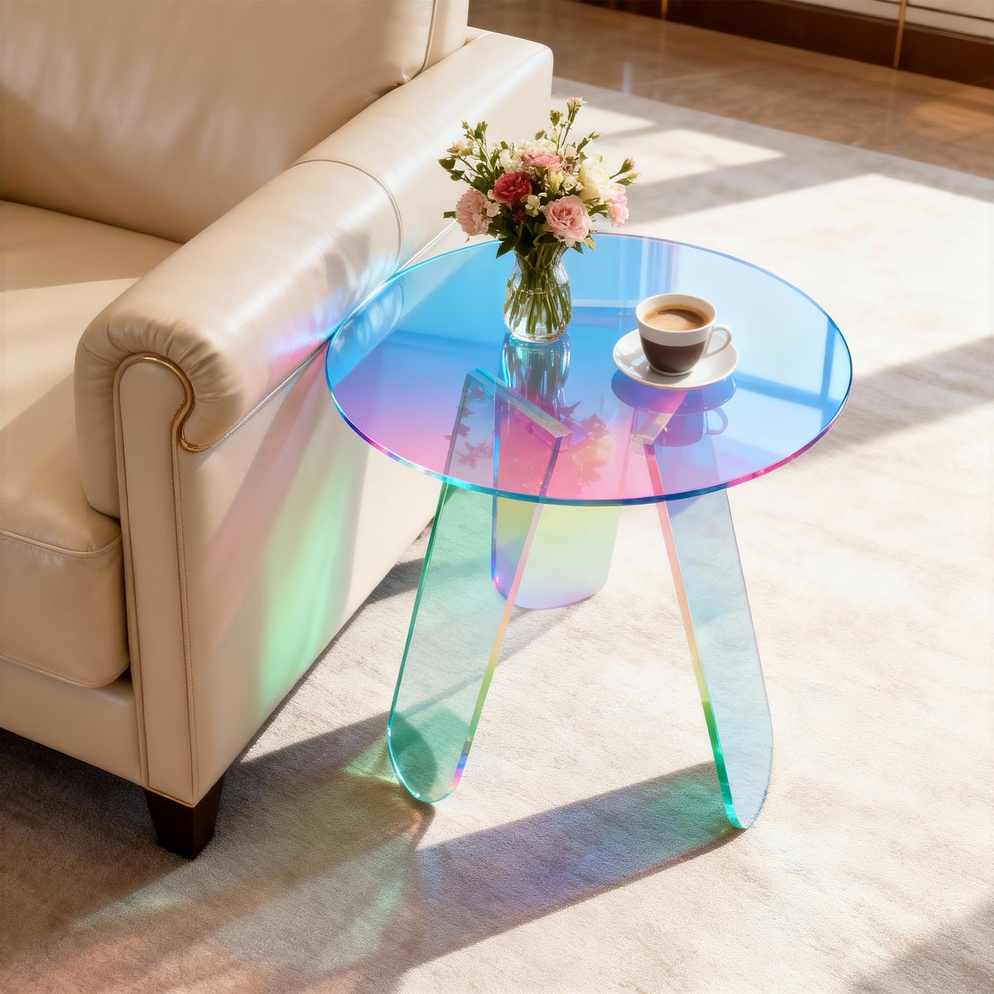 Round Iridescent Rainbow Acrylic End Table w/ PVC Table Cover Acrylic Side Table