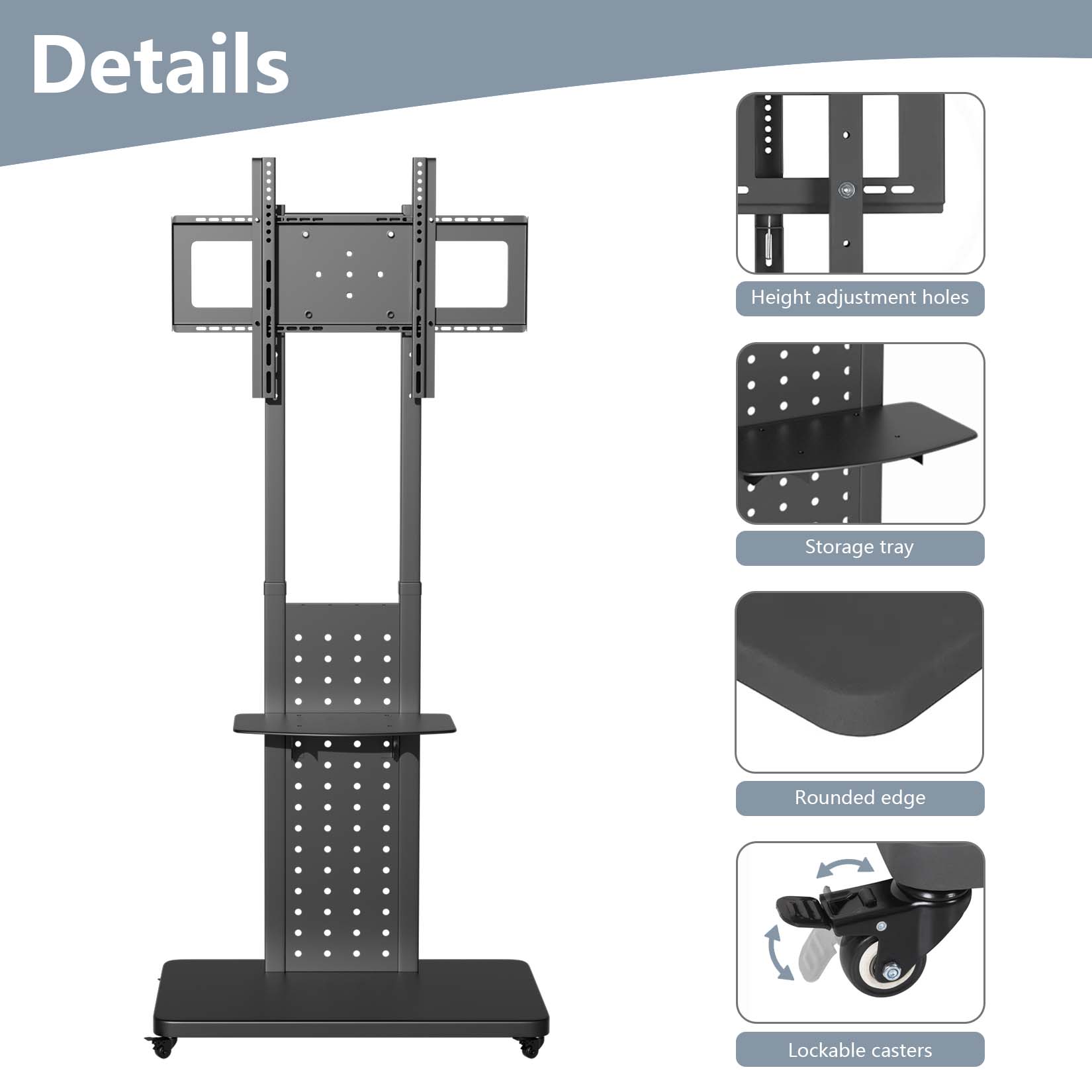 TV Floor Stand on Wheels with Storage Shelves Trolley TV Mount for 32’’-65'' TV LCD