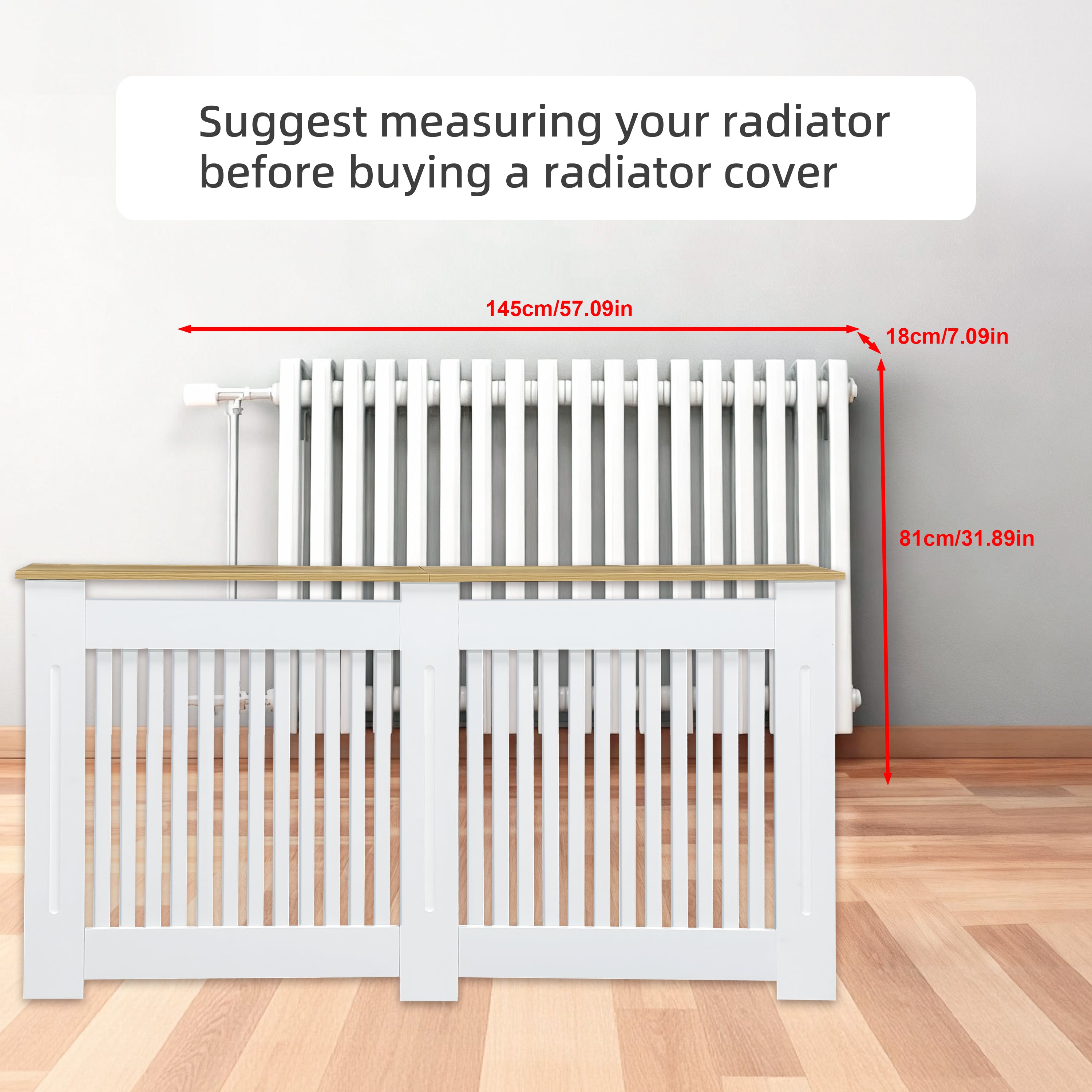 FATIVO Radiator Cover | Internal Height 81cm |  Vertical Slatted Heater Radiator Cover White MDF Radiator Cover with Wood Texture Nature Top for Living Room, Bedroom