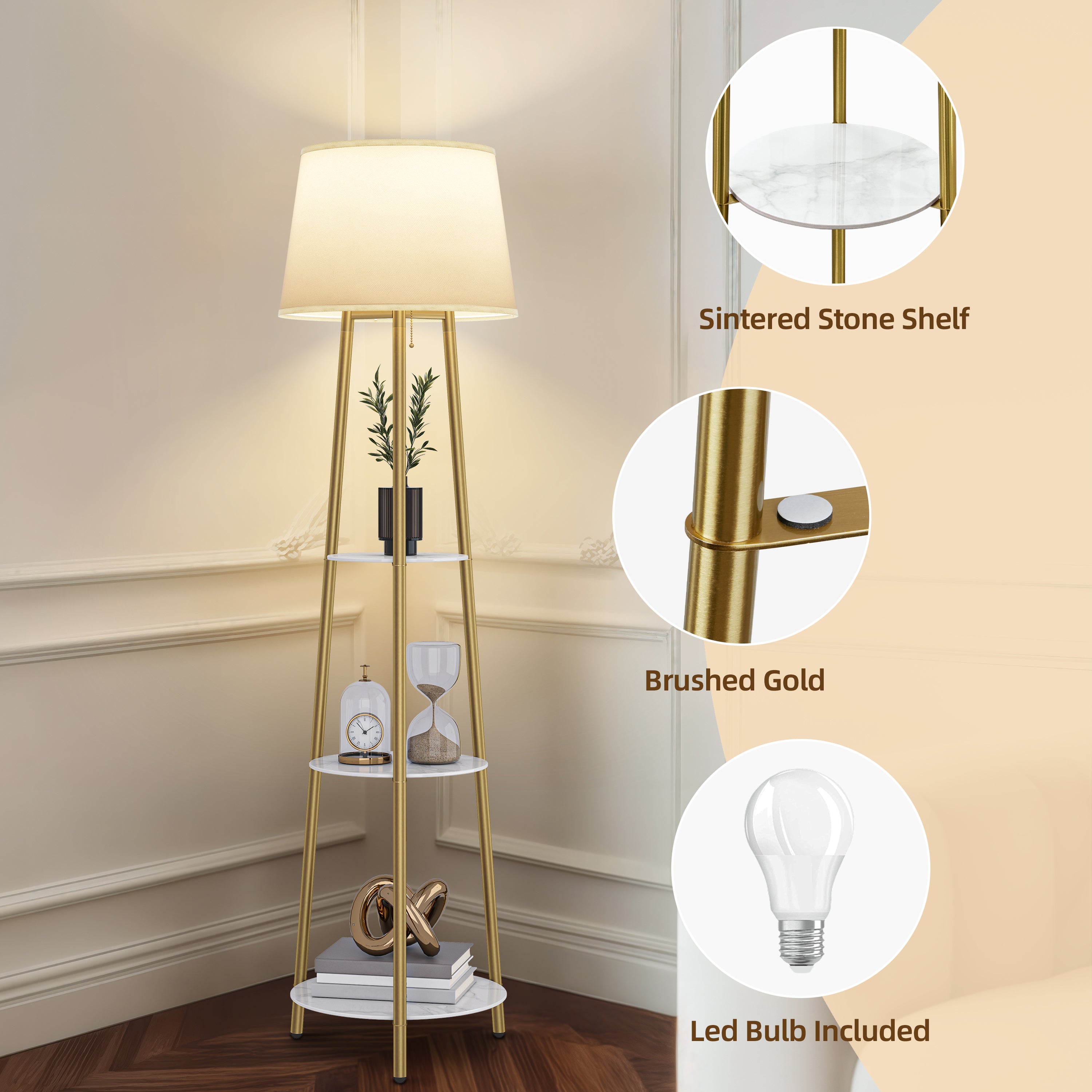 Tripod Led Floor Lamp: Modern Free Standing Floor Lamp with Sintered Stone Shelves