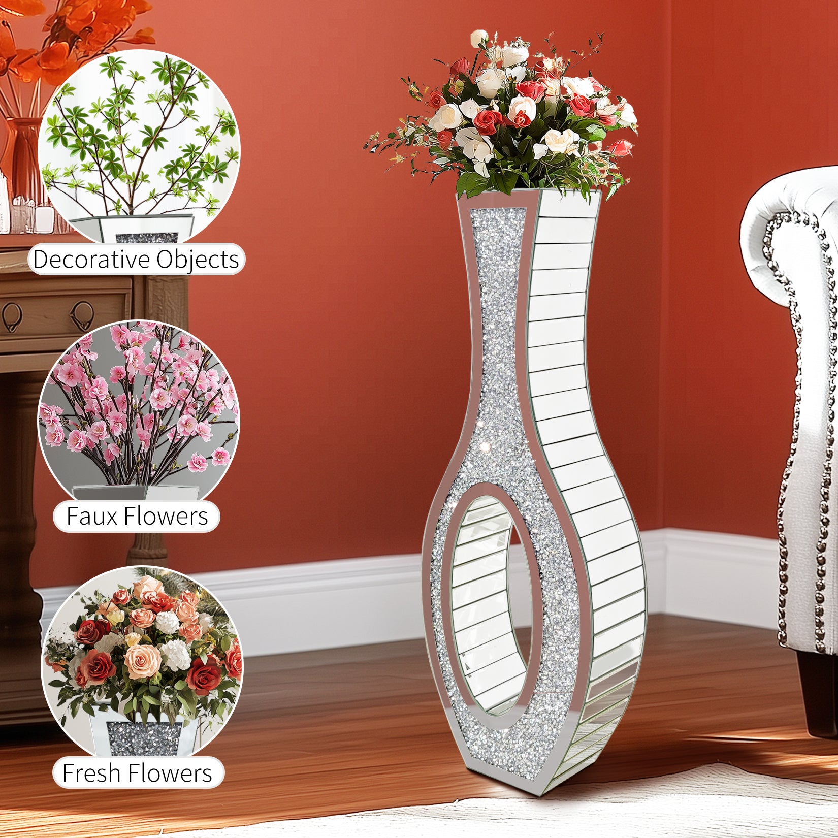 Crushed Diamond Floor Vase: Silver Mirror Vase Geometric Bling Floor-Standing Luxury Home Decor