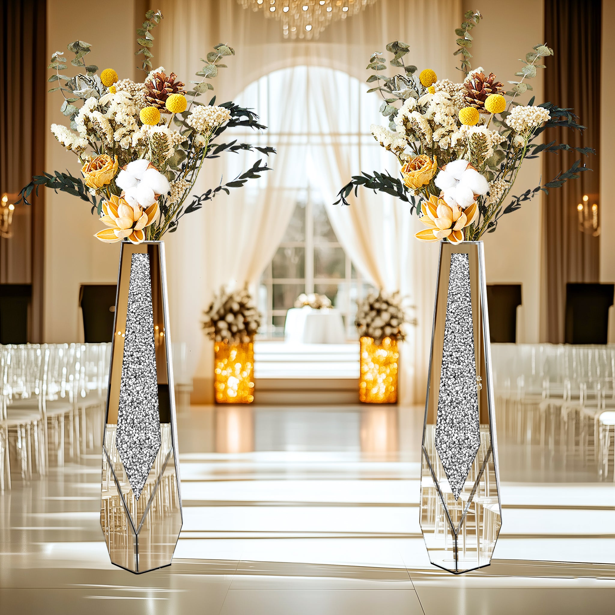 28” Tall Crushed Diamond Mirrored Flower Vase Crystal Silver Floor Flower Vase