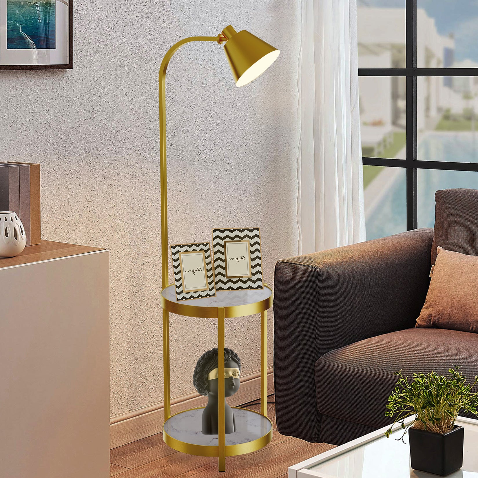 Tall Floor Lamp for Living Room, with 2-tier End Side Table Shelves Golden Iron Frame