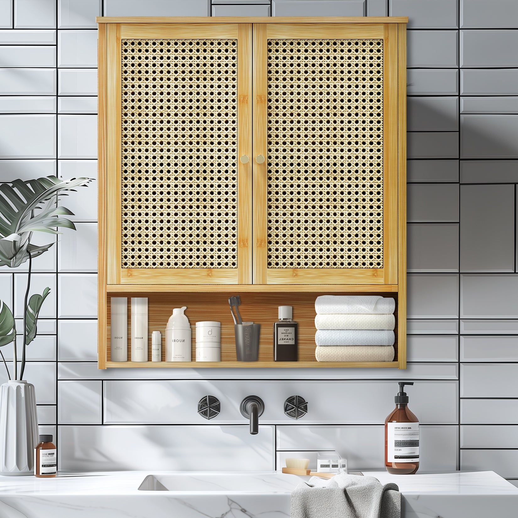 Solid Wood Bamboo Bathroom Wall Cabinet Over the Toilet Kitchen Storage Cabinet