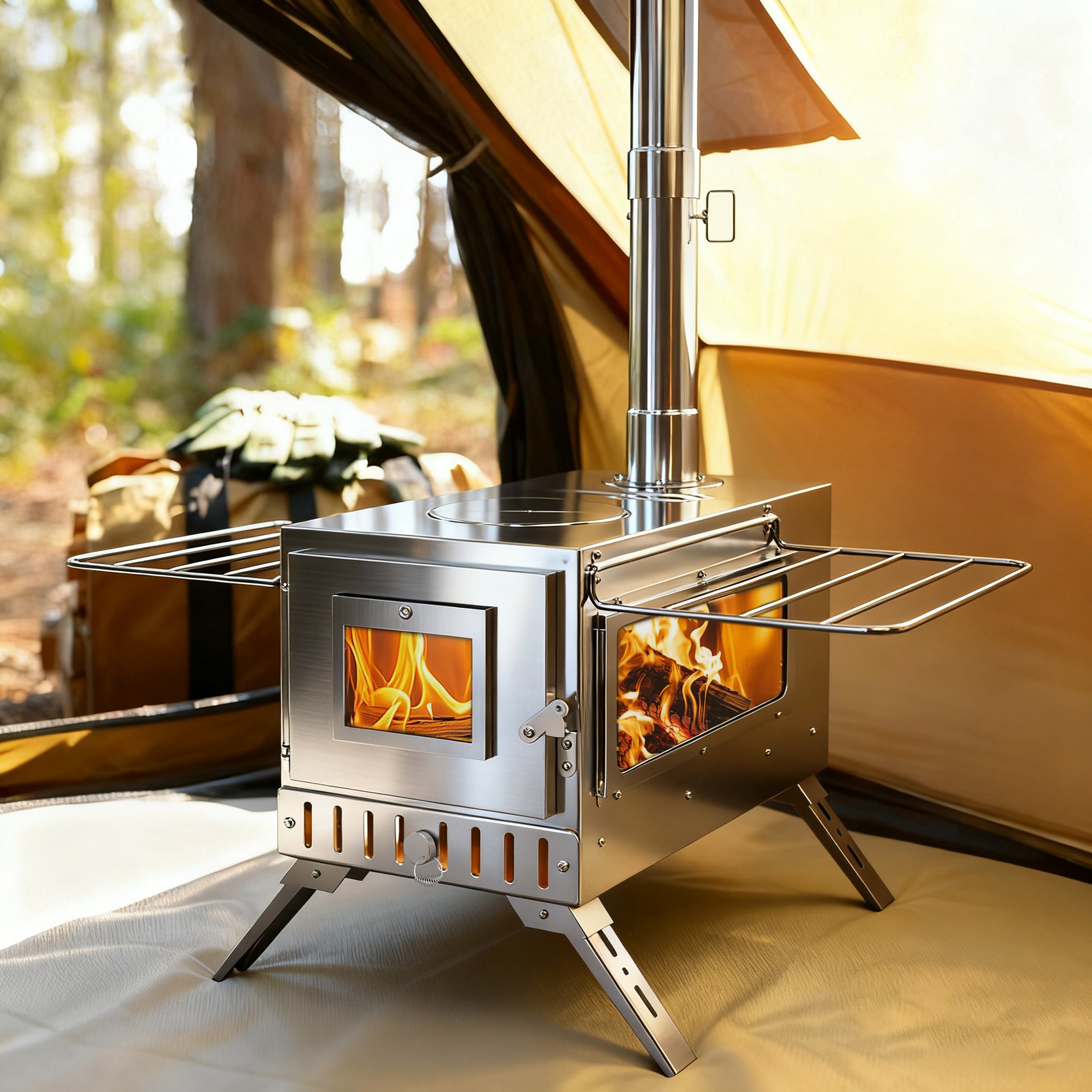 Outdoor Camping Tent Wood Burner Stove Fire Pit with 7 Chimney Pipes