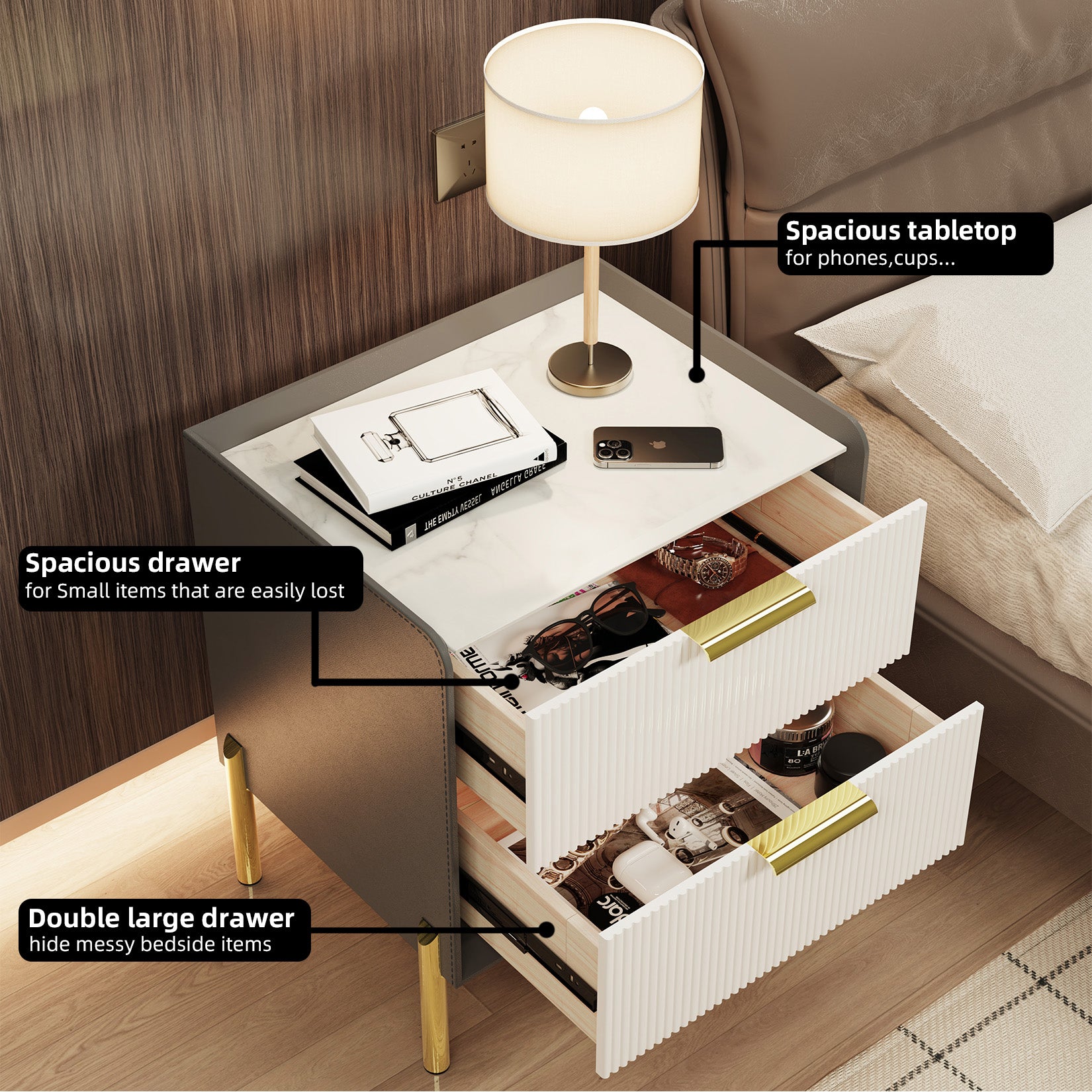 Fully Assembled Modern Nightstand with 2 Drawers Bedroom Nightstand in Sintered Stone Top