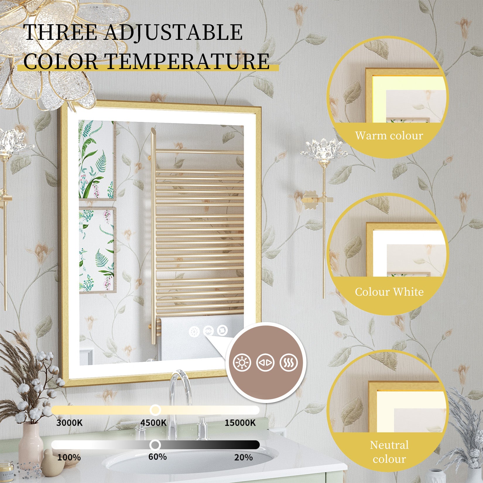 600*800mm Gold Aluminum Frame Front-lit Wall Bathroom Mirror