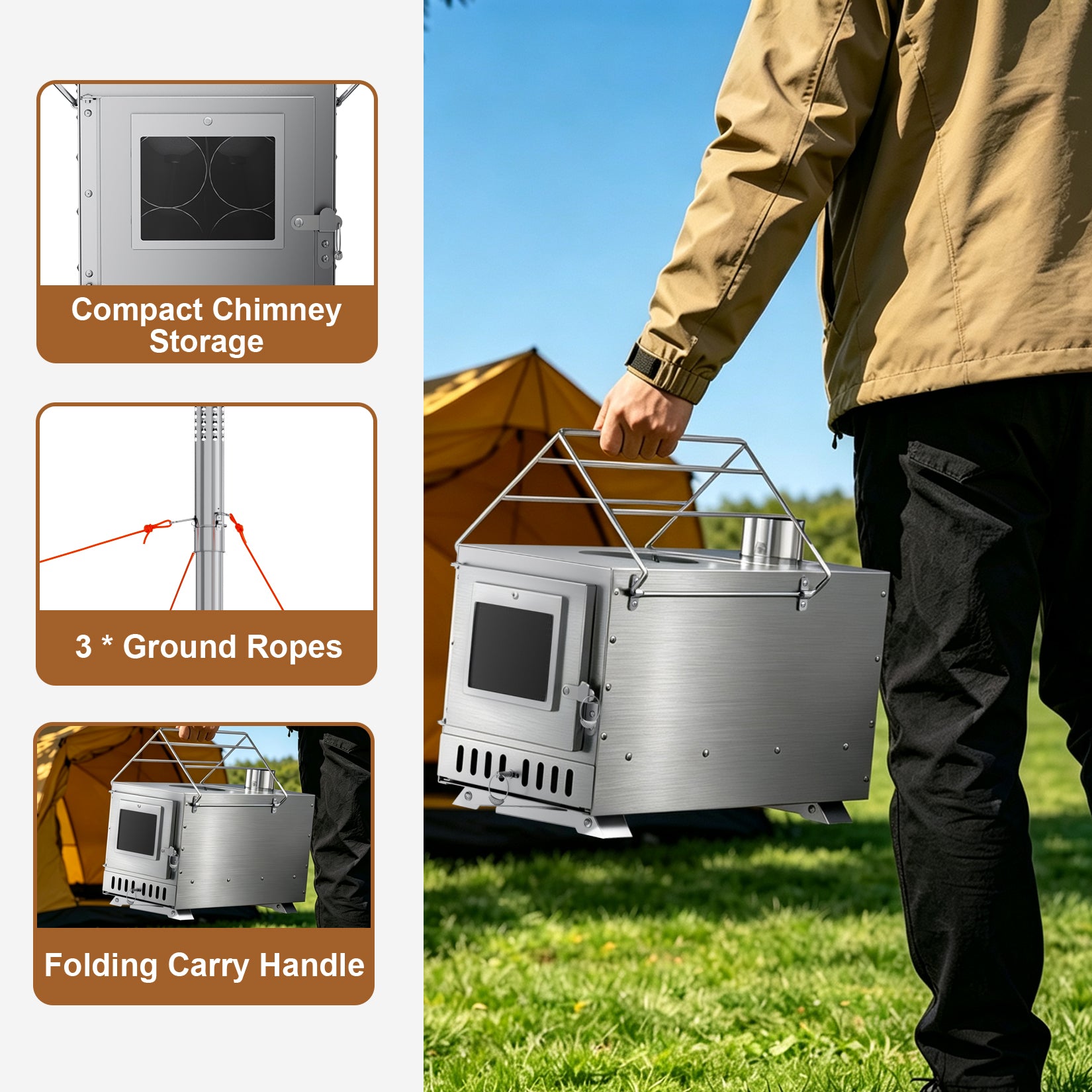 Wood Burning Sauna Stove Kit: 2 in 1 Portable Stainless Steel Heater Tent Stove for Outdoor Tents, Outdoor Sauna Hot Tent Stove with Chimney Pipes