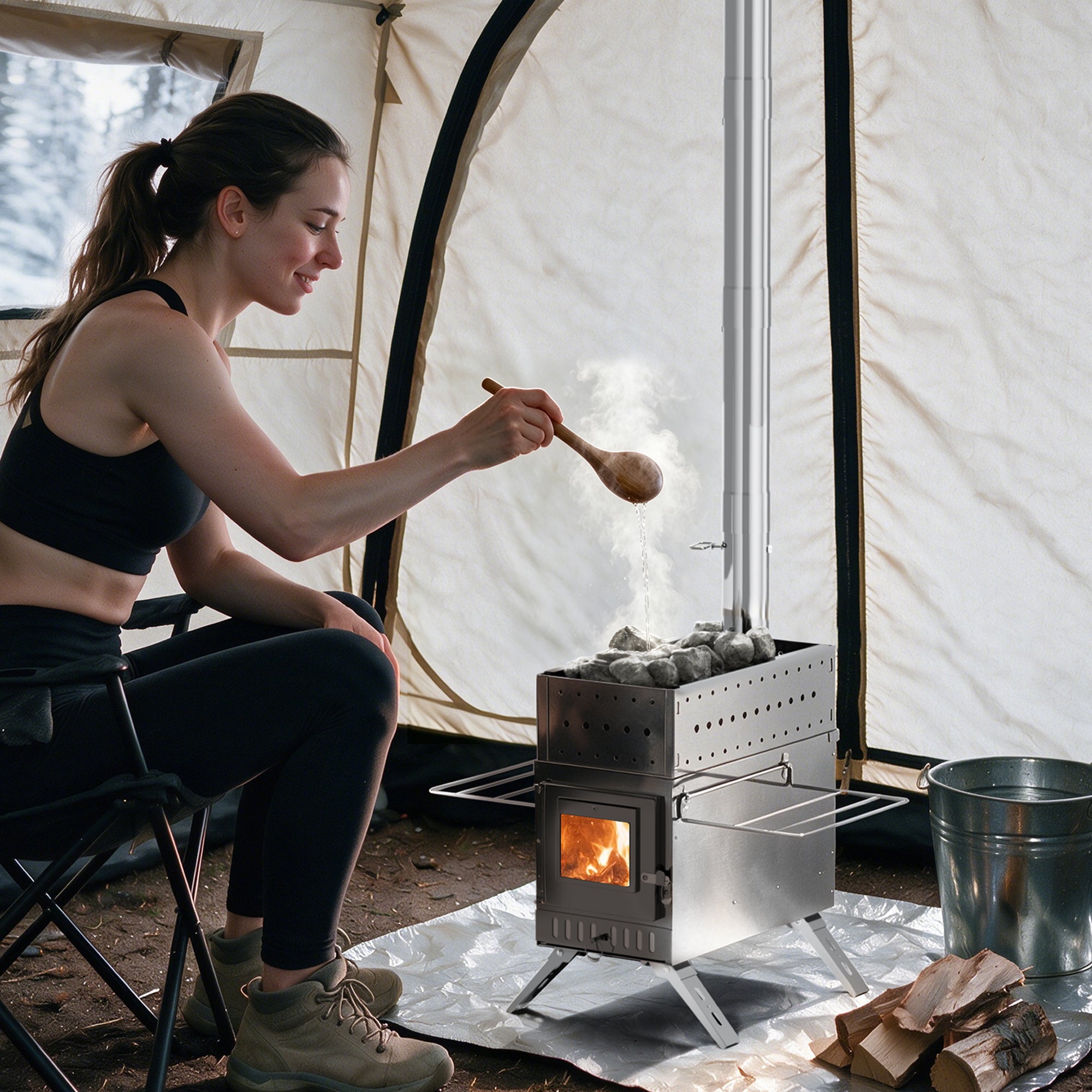 Wood Burning Sauna Stove Kit: 2 in 1 Portable Stainless Steel Heater Tent Stove for Outdoor Tents, Outdoor Sauna Hot Tent Stove with Chimney Pipes