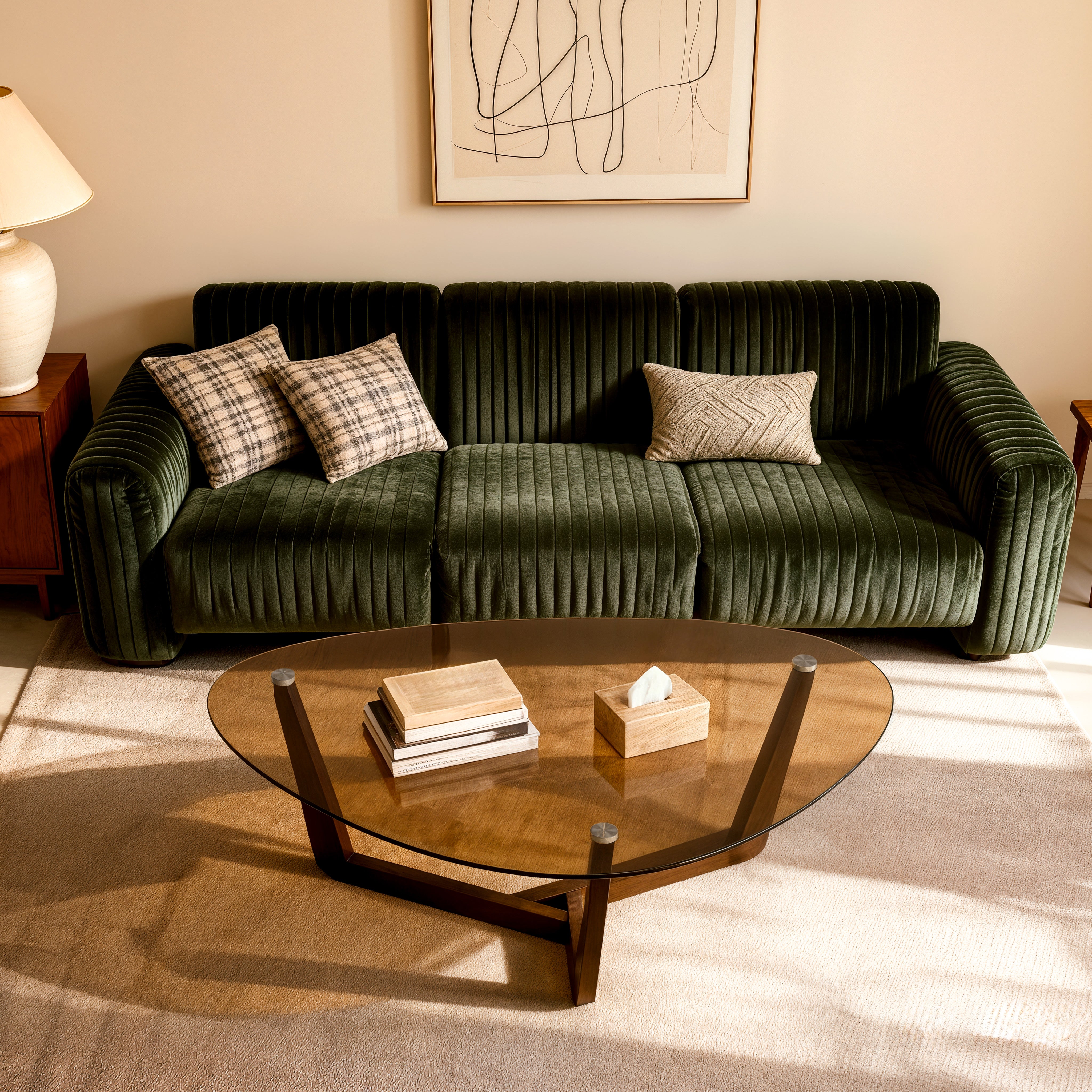 Organic Triangle Glass Center Coffee Table for Living Room, with Amber-Tinted Tempered Glass Tabletop Rubber Wooden Frame