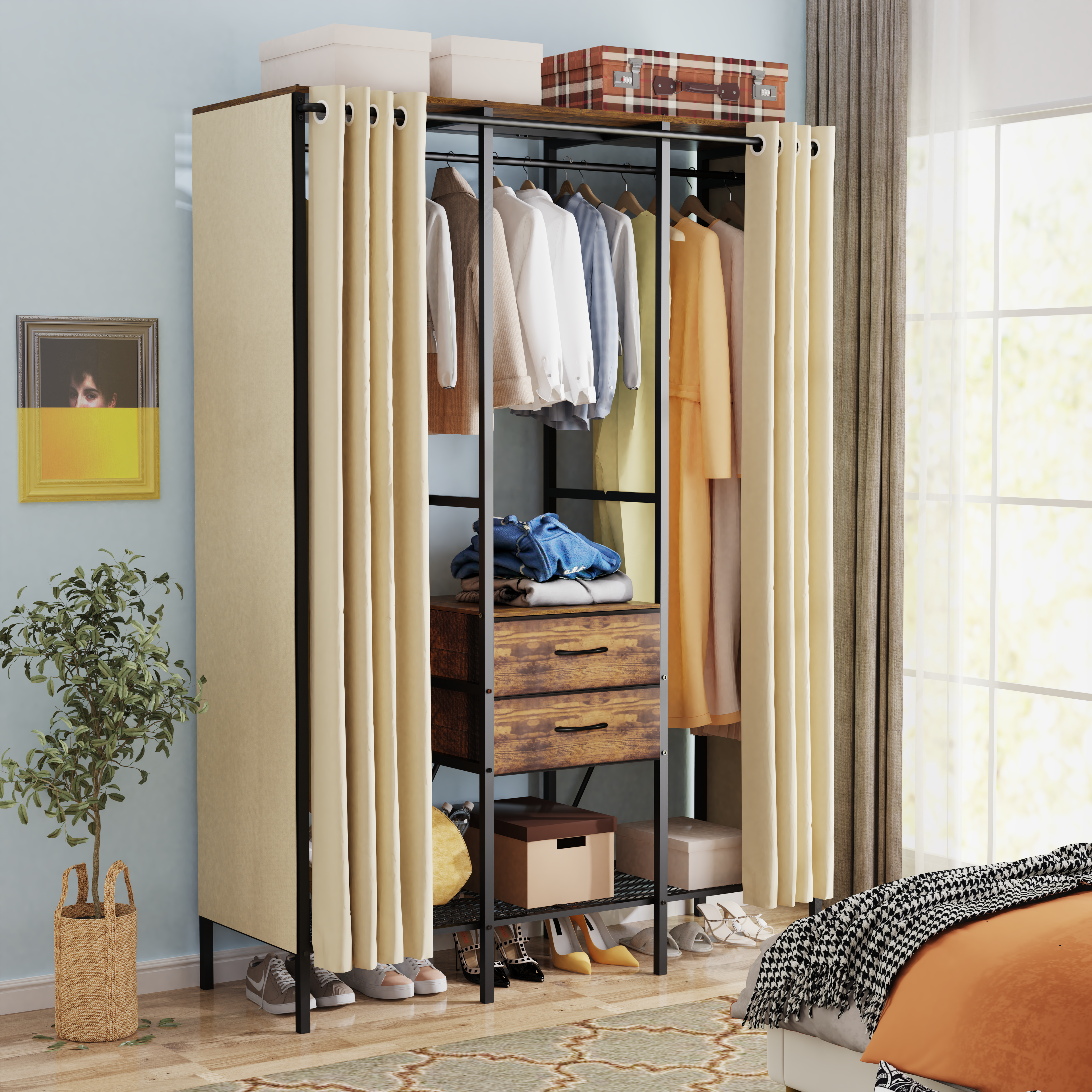 Freestanding Heavy Duty Clothes Rack Dust-proof Curtain Portable Wardrobe