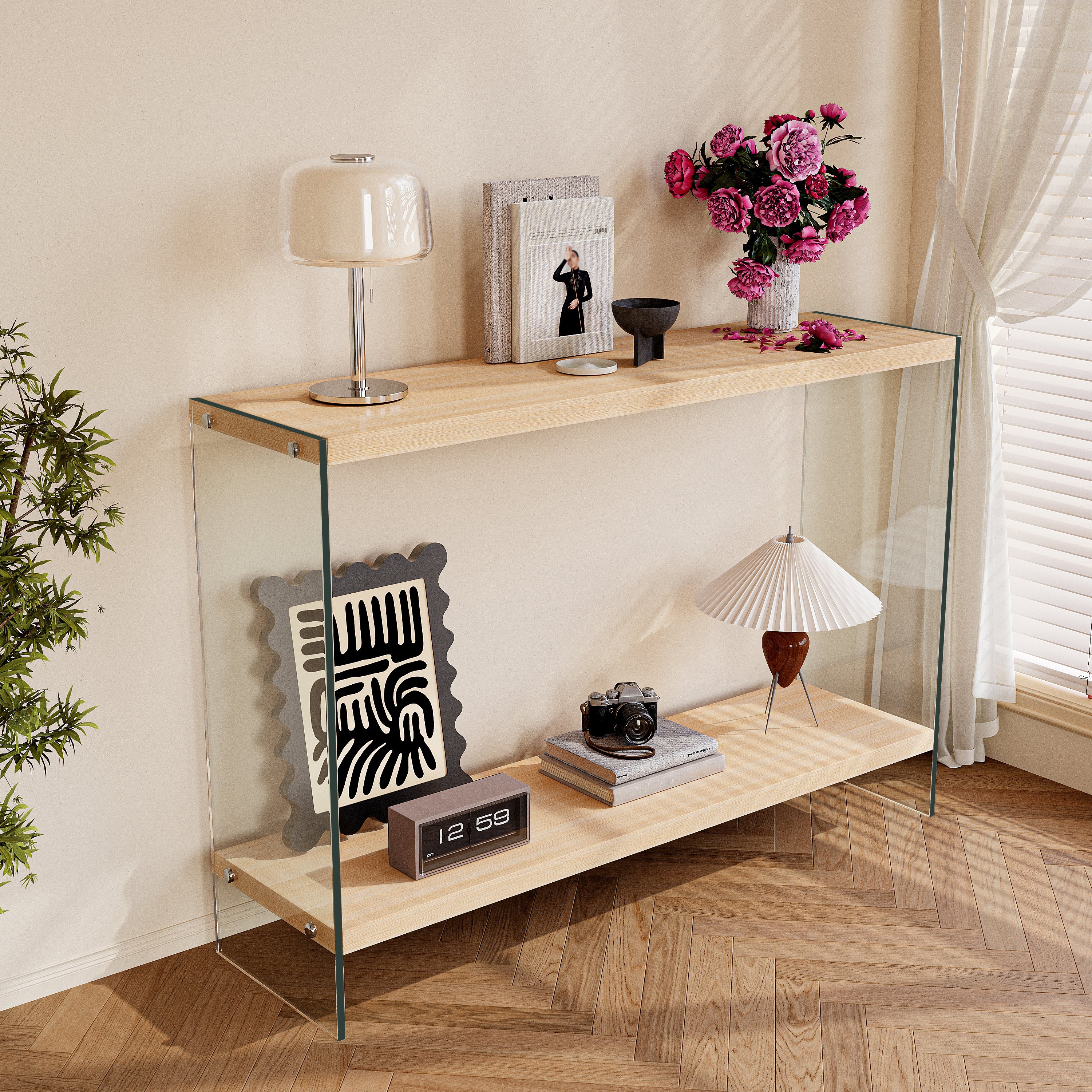 Rectangular Console Table Wood-finish MDF Sofa Side Storage Table Glass Frame