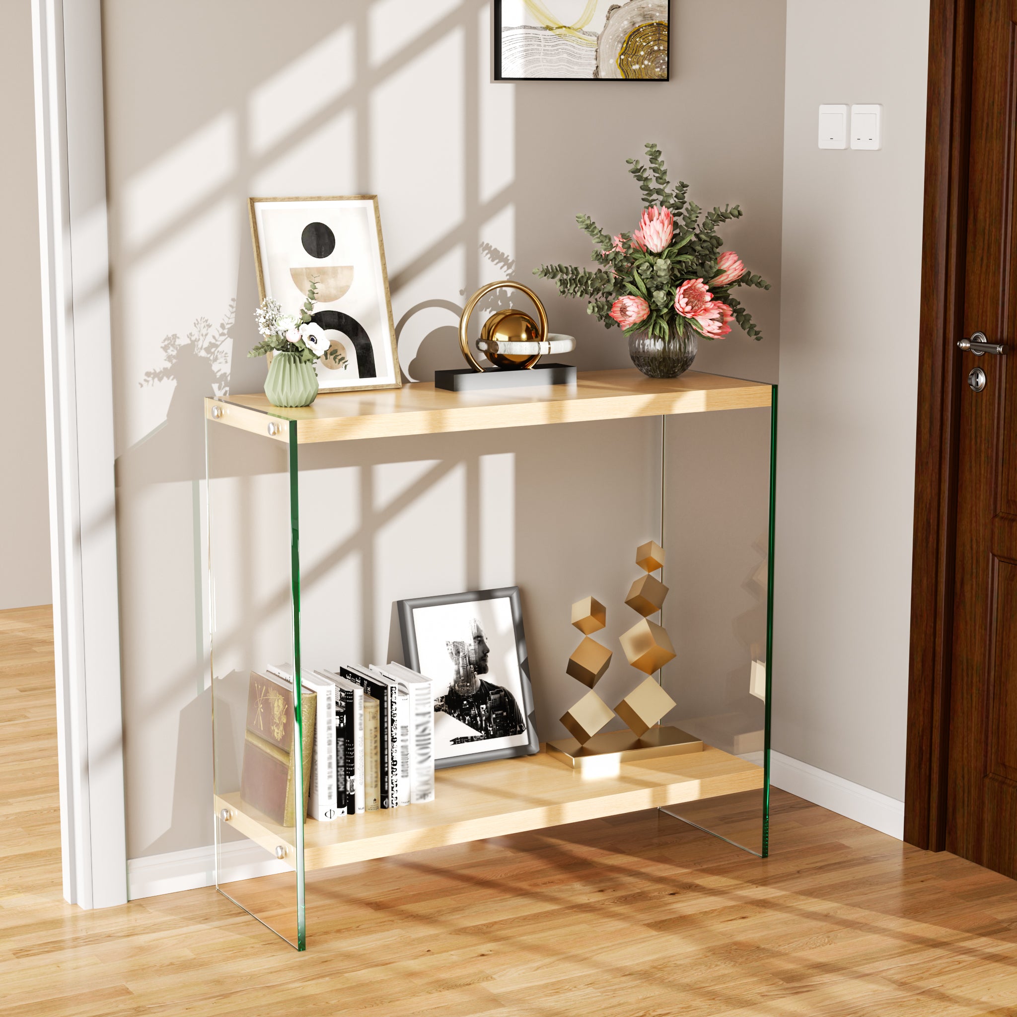 Rectangular Console Table Wood-finish MDF Sofa Side Storage Table Glass Frame