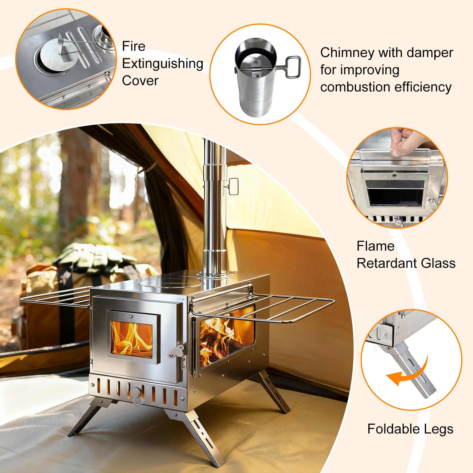 Outdoor Camping Tent Wood Burner Stove with 7 Chimney Pipes