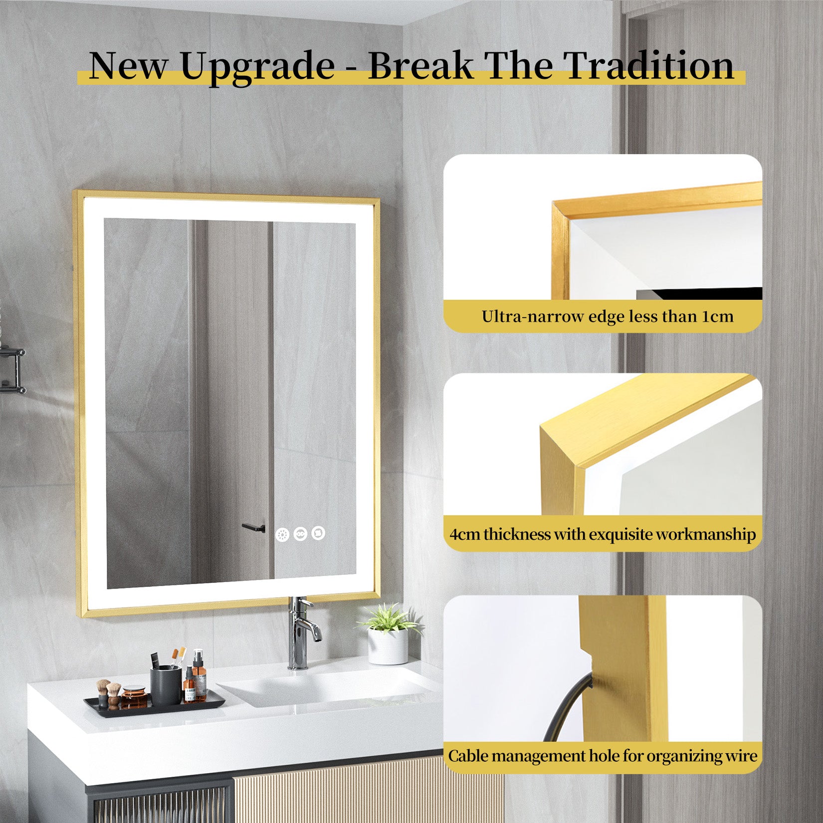 600*800mm Gold Aluminum Frame Front-lit Wall Bathroom Mirror