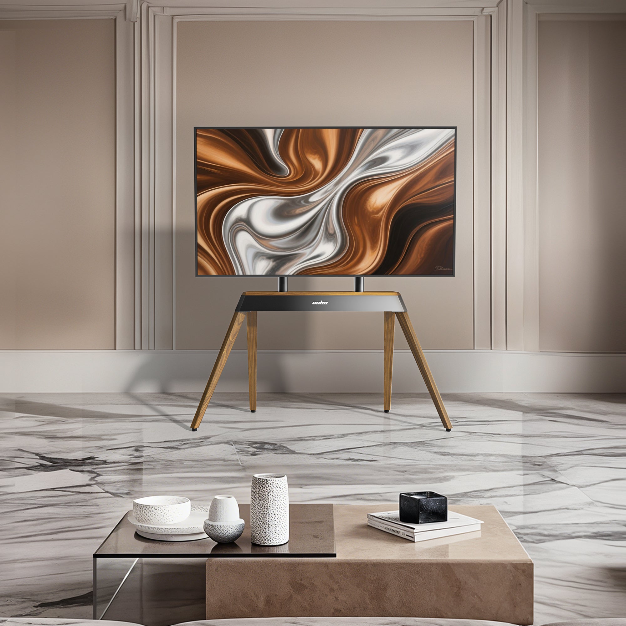 Mid-century Modern TV Floor Stand for 40”-86” TV Stand with Trapezoidal-frame