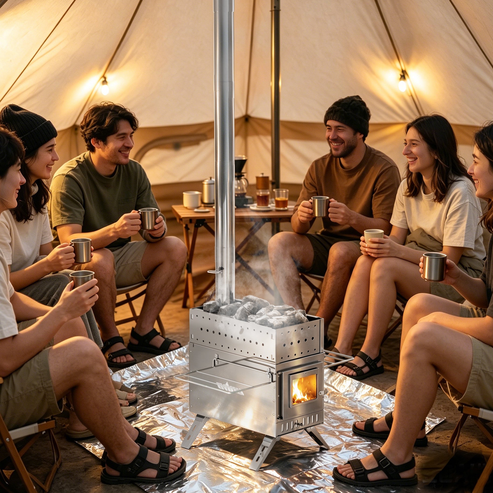Wood Burning Sauna Stove Kit: 2 in 1 Portable Stainless Steel Heater Tent Stove for Outdoor Tents, Outdoor Sauna Hot Tent Stove with Chimney Pipes