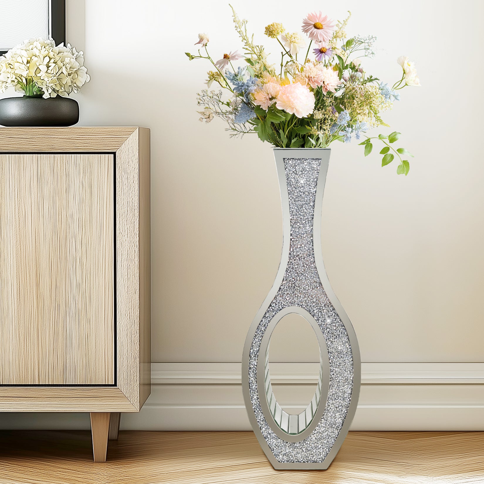 Crushed Diamond Floor Vase: Silver Mirror Vase Geometric Bling Floor-Standing Luxury Home Decor