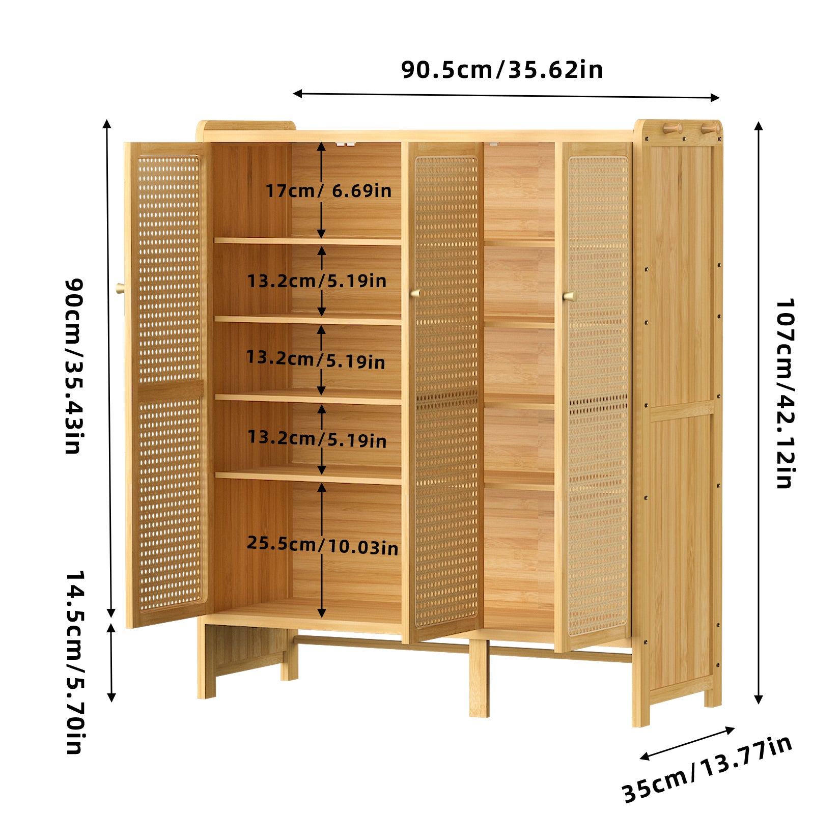 Bamboo Shoe Cabinet: 6 Tier Shelves Shoe Storage Cabinet with Hollow Doors Shoe Rack for Entryway