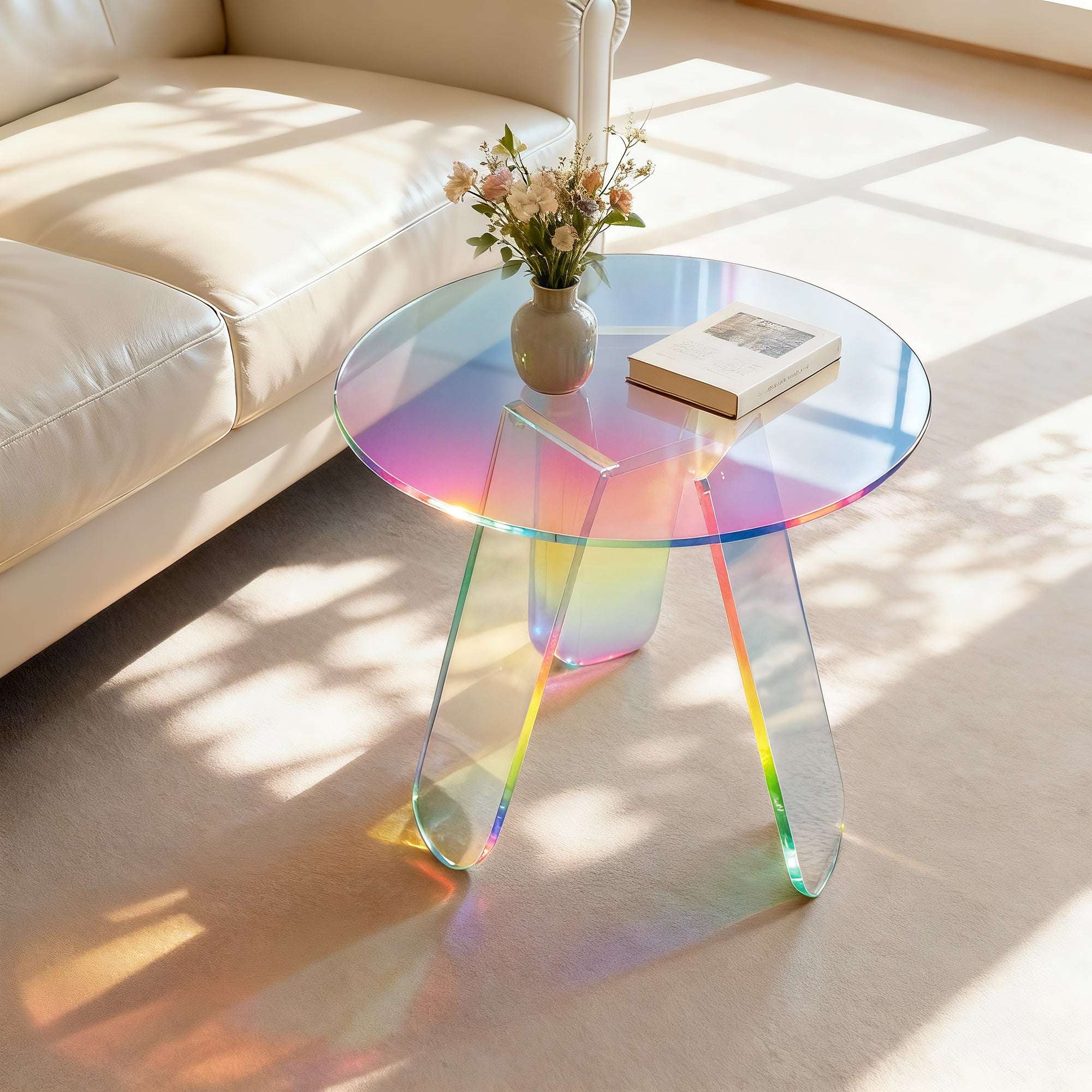 Round Iridescent Rainbow Acrylic End Table w/ PVC Table Cover Acrylic Side Table