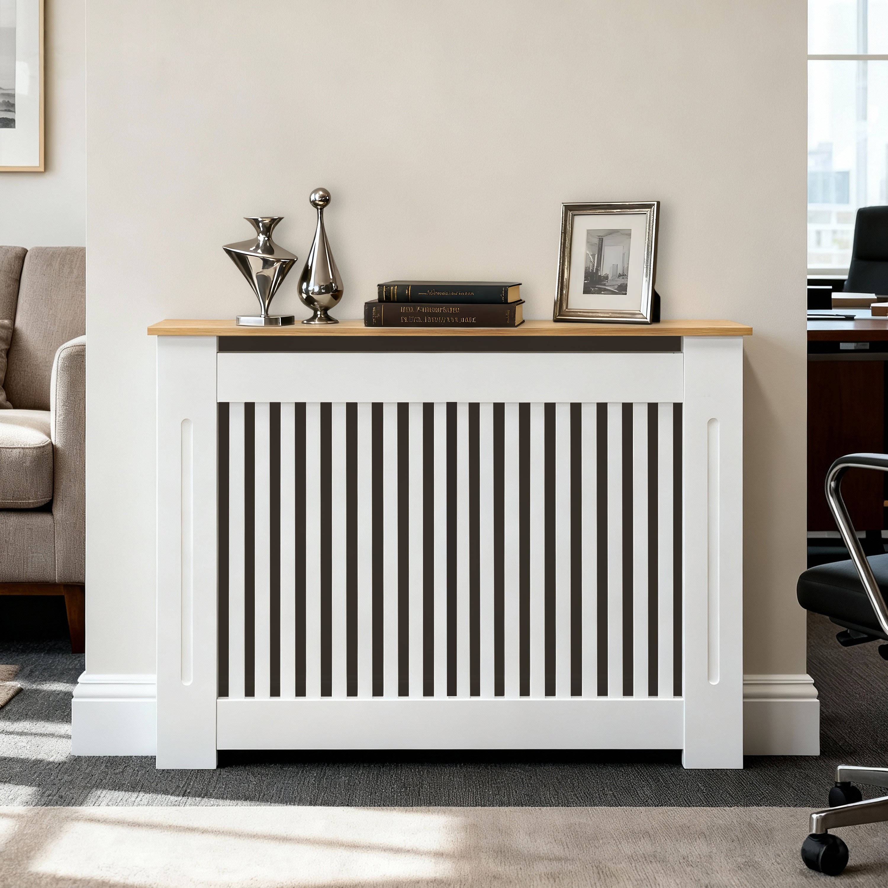 FATIVO Radiator Cover | Intenal Height 90.5cm | Vertical Slatted White Radiator Cover w/ Wood-grain Top, MDF Heater Cover