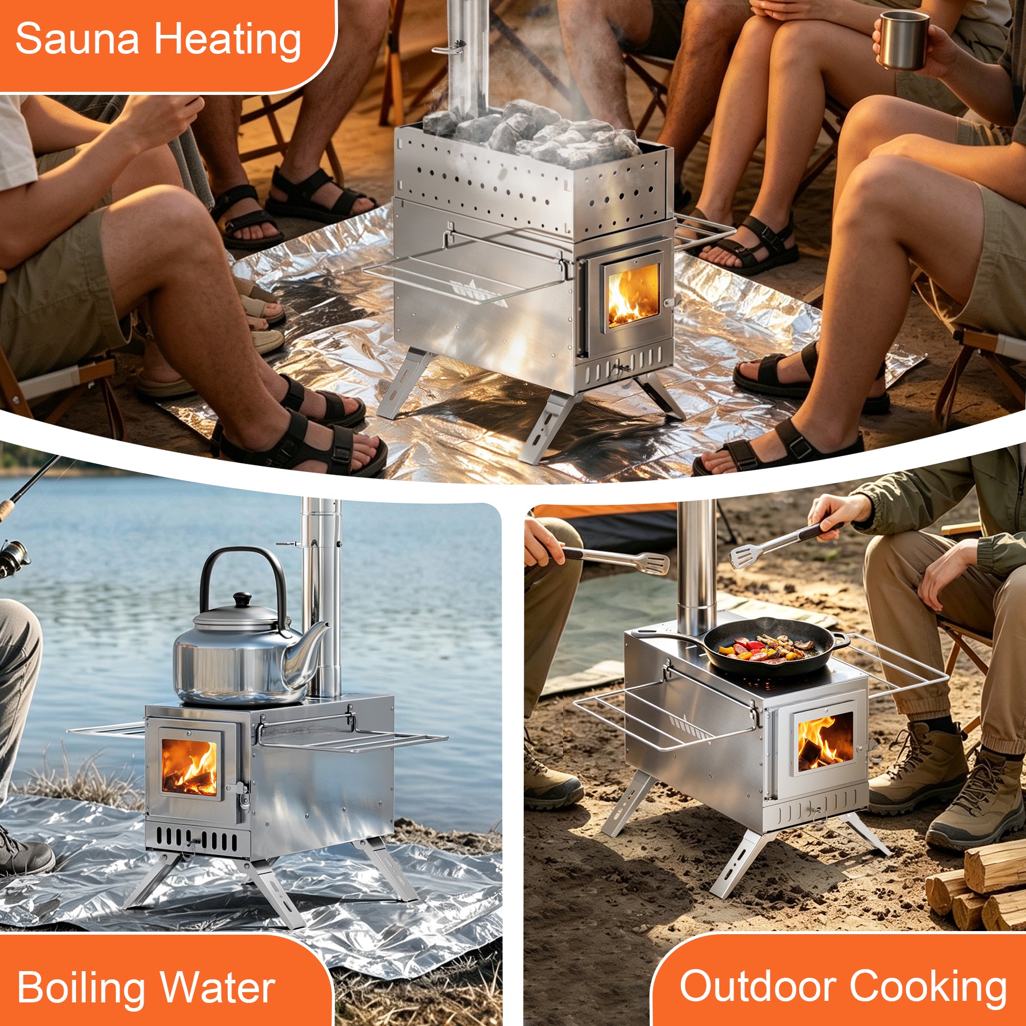Wood Burning Sauna Stove Kit: 2 in 1 Portable Stainless Steel Heater Tent Stove for Outdoor Tents, Outdoor Sauna Hot Tent Stove with Chimney Pipes