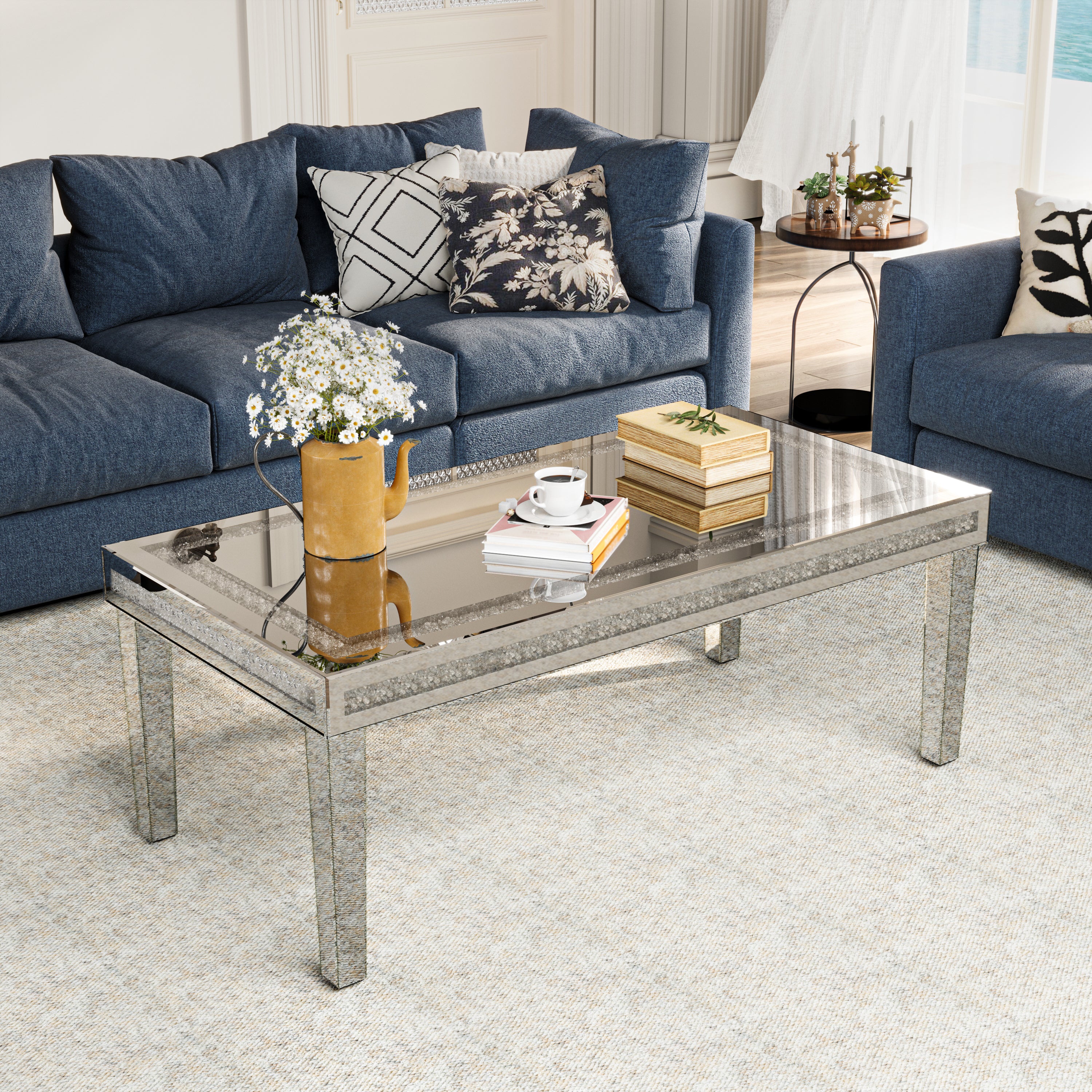 Rectangular Mirrored Coffee Table: Luxury Crushed Diamond Coffee Table Silver Mirrored Finish