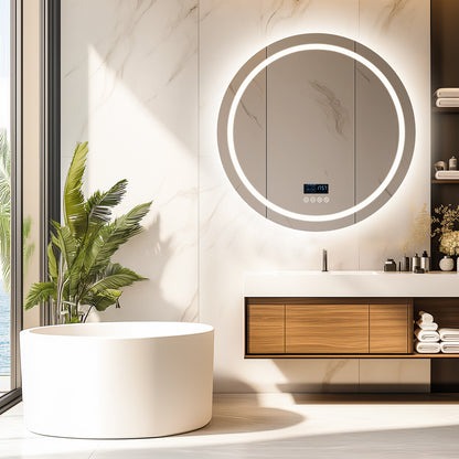 32" Round Lighted Bathroom Mirror with Bluetooth Speaker, Front-lit Backlit