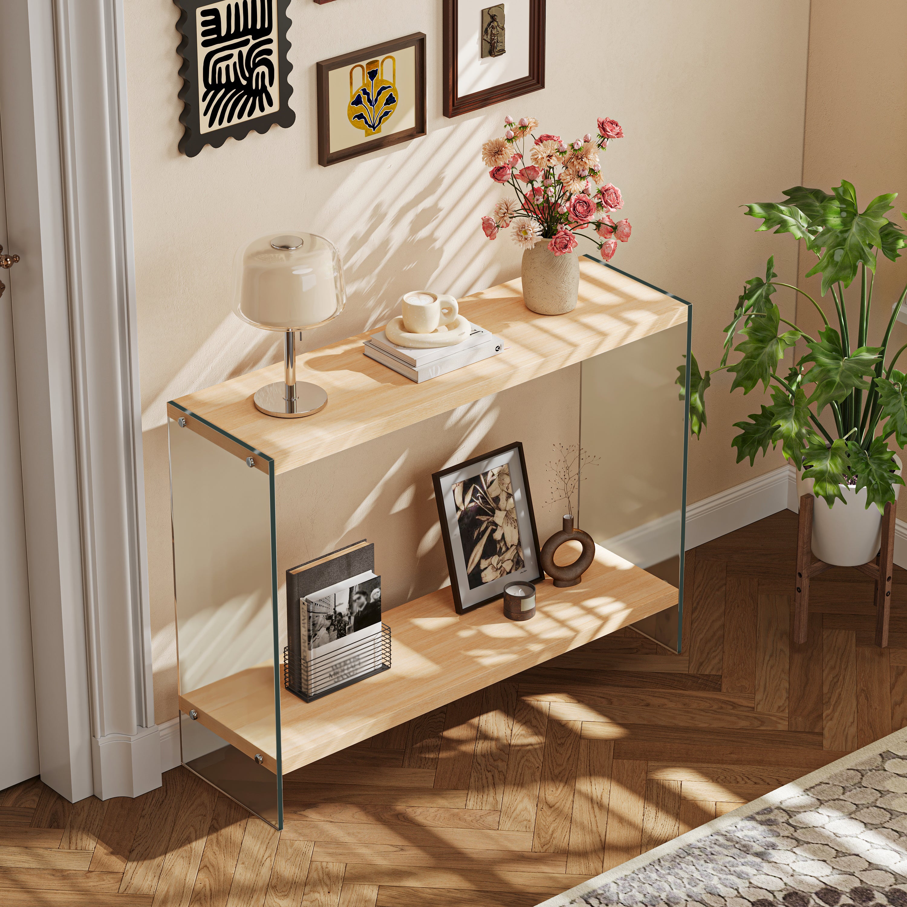 Rectangular Console Table Wood-finish MDF Sofa Side Storage Table Glass Frame