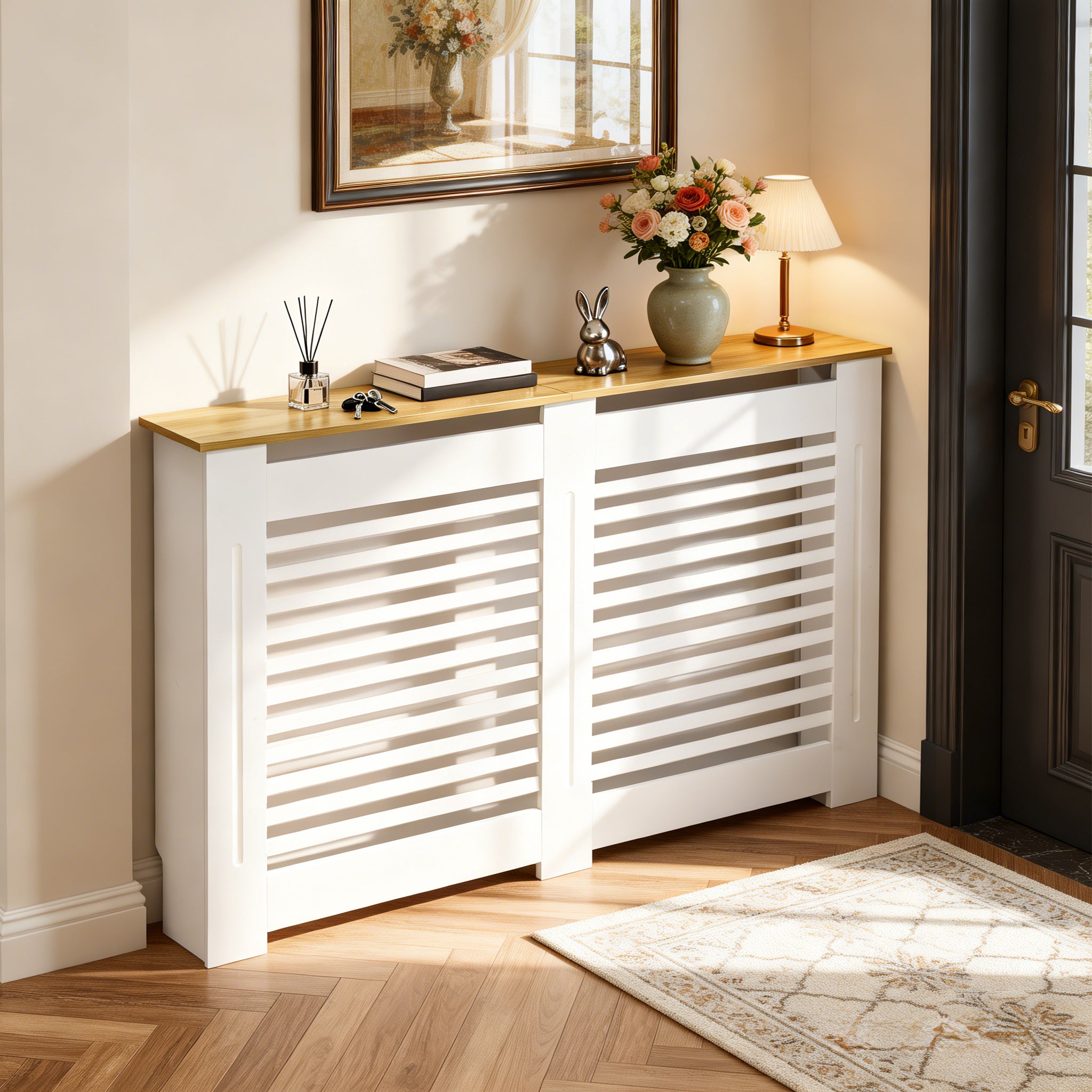 FATIVO Radiator Cover: Internal Height 90.5cm | Horizontal Slatted Radiator Cover with Natural Wood Texture Top, White MDF Wall Heater Cover for Old, Compact Radiators