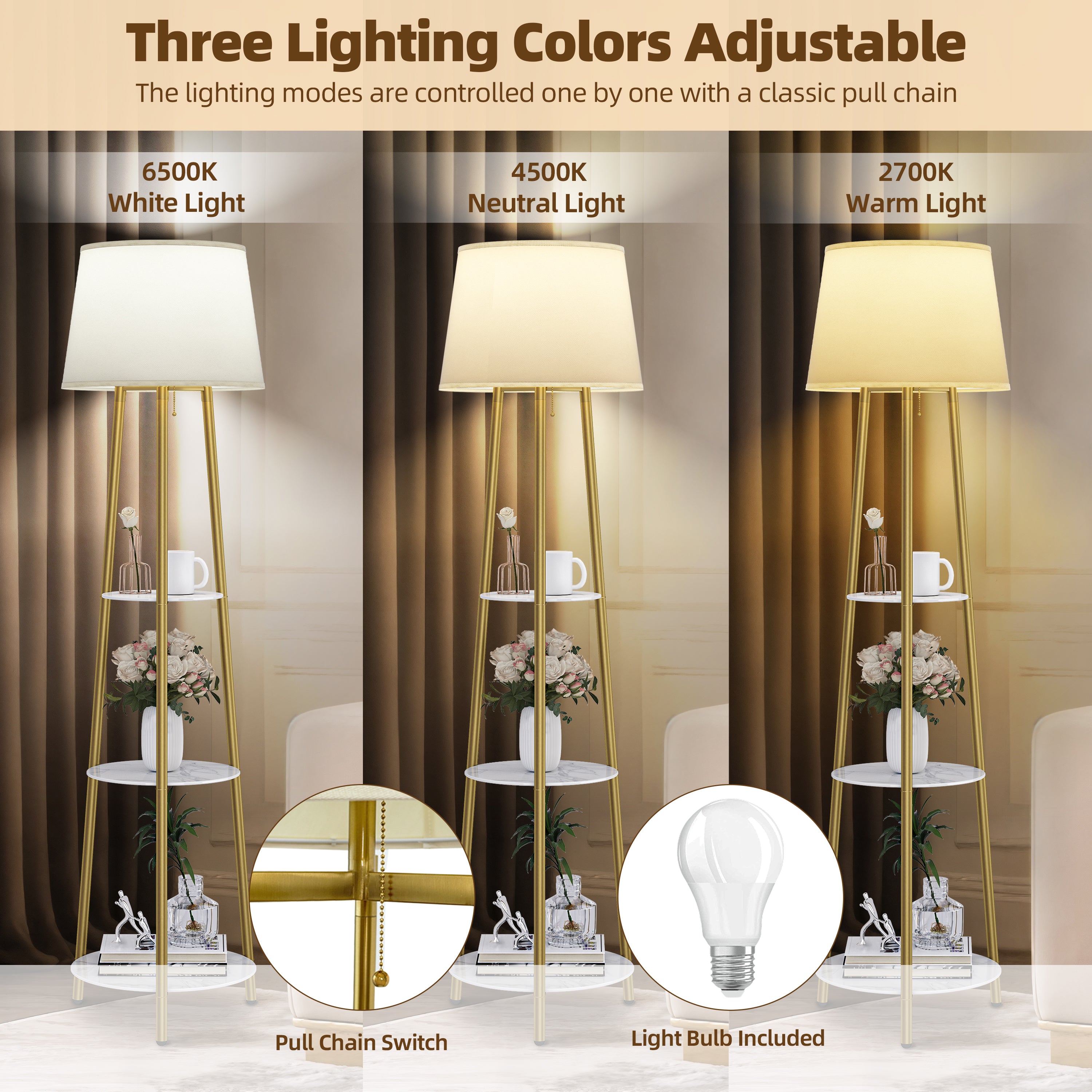 Tripod Led Floor Lamp: Modern Free Standing Floor Lamp with Sintered Stone Shelves