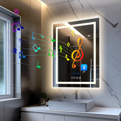 Square Lighted Bathroom Mirror with Bluetooth Speaker, Front-lit, Backlight,