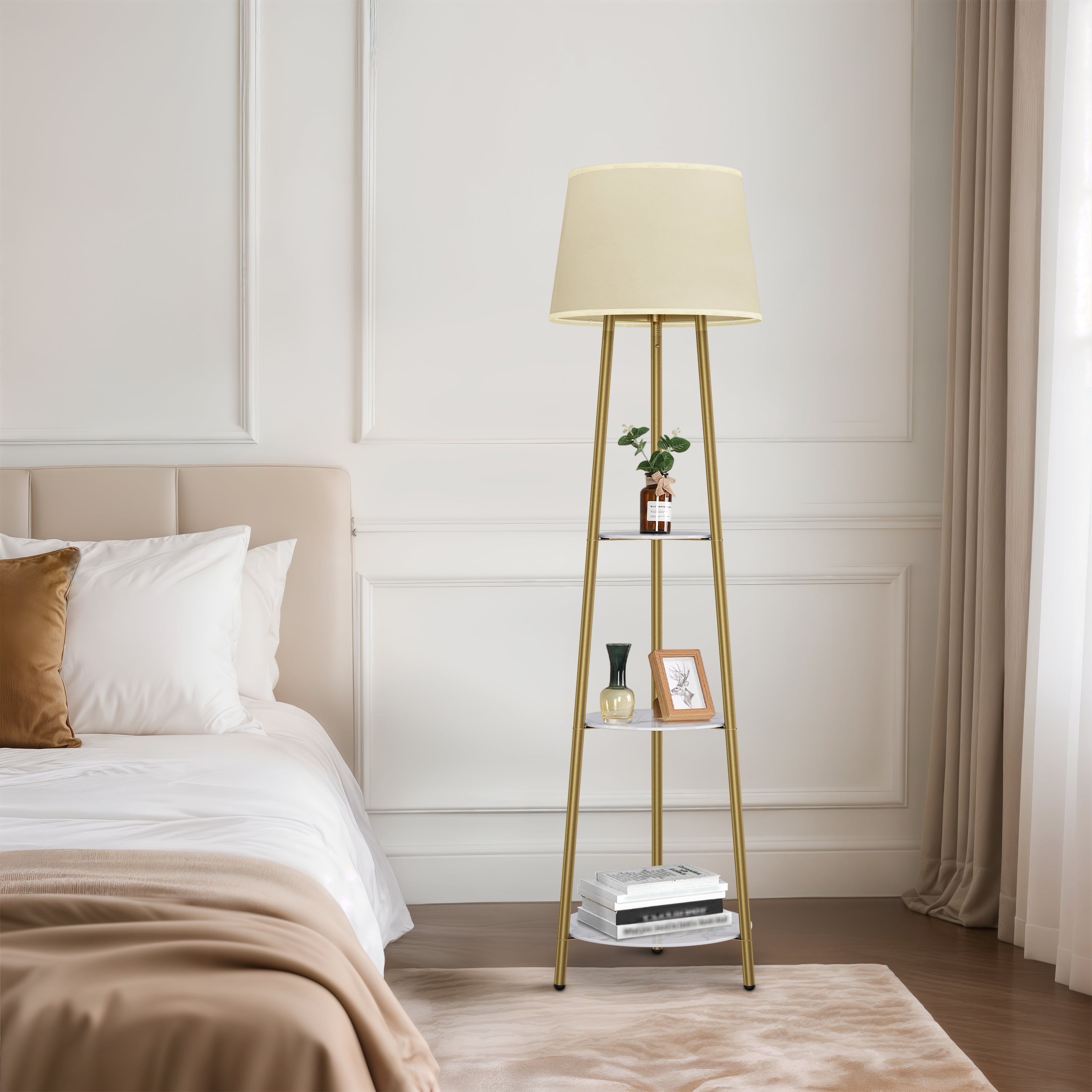 Tripod Led Floor Lamp: Modern Free Standing Floor Lamp with Sintered Stone Shelves