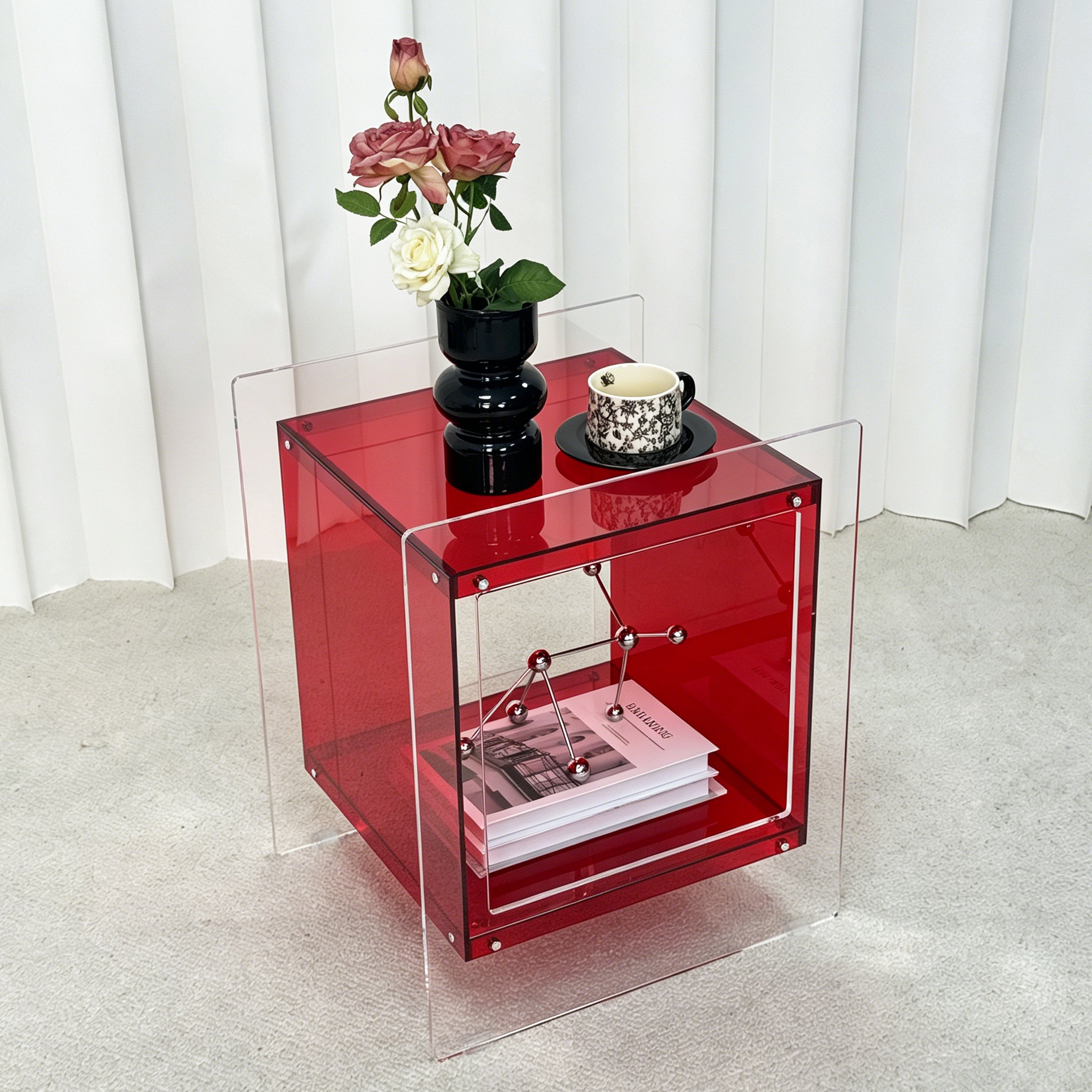 Square Cube Acrylic Record Player Table Open Storage Shelf Acrylic Sofa Side Table
