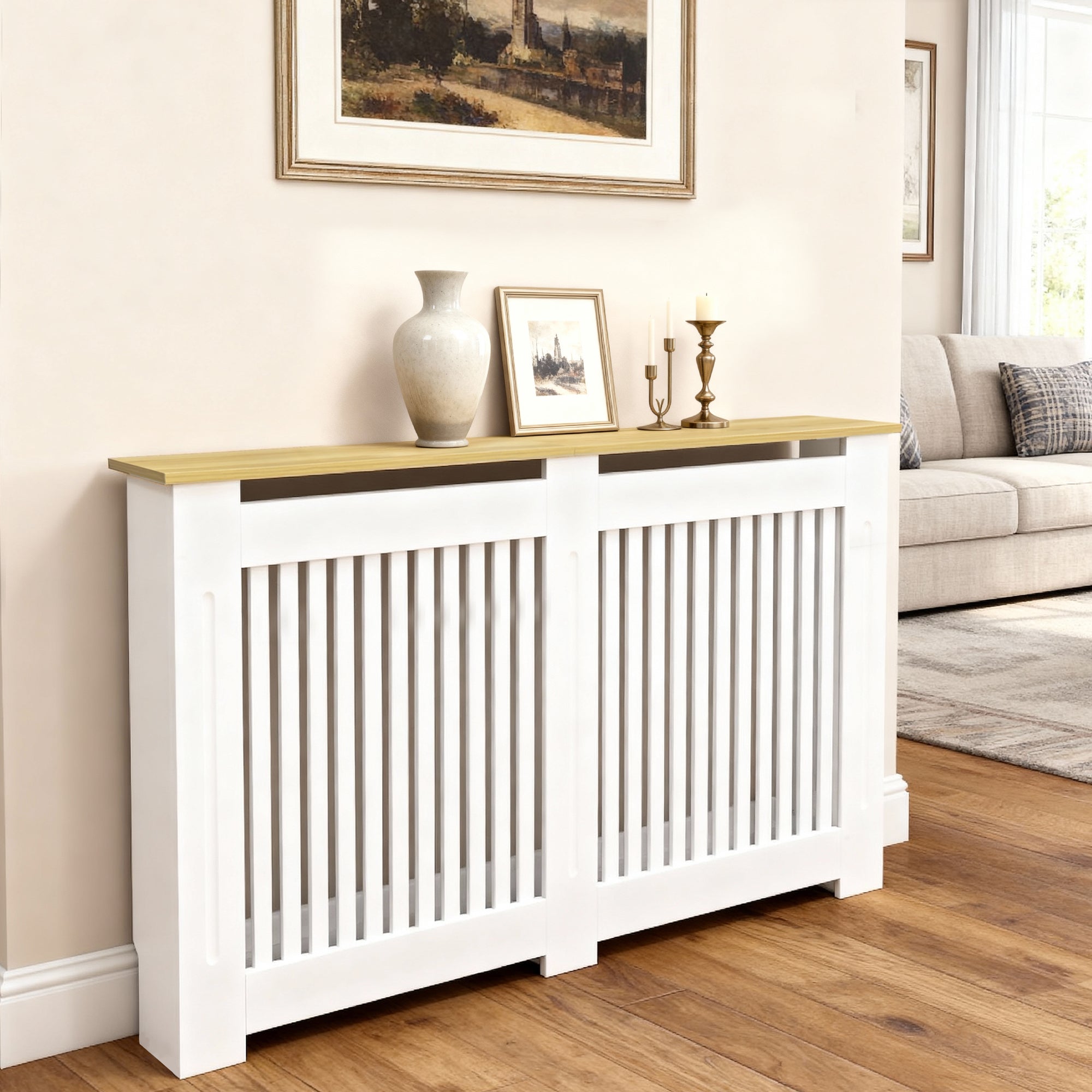 FATIVO Radiator Cover | Intenal Height 90.5cm | Vertical Slatted White Radiator Cover w/ Wood-grain Top, MDF Heater Cover