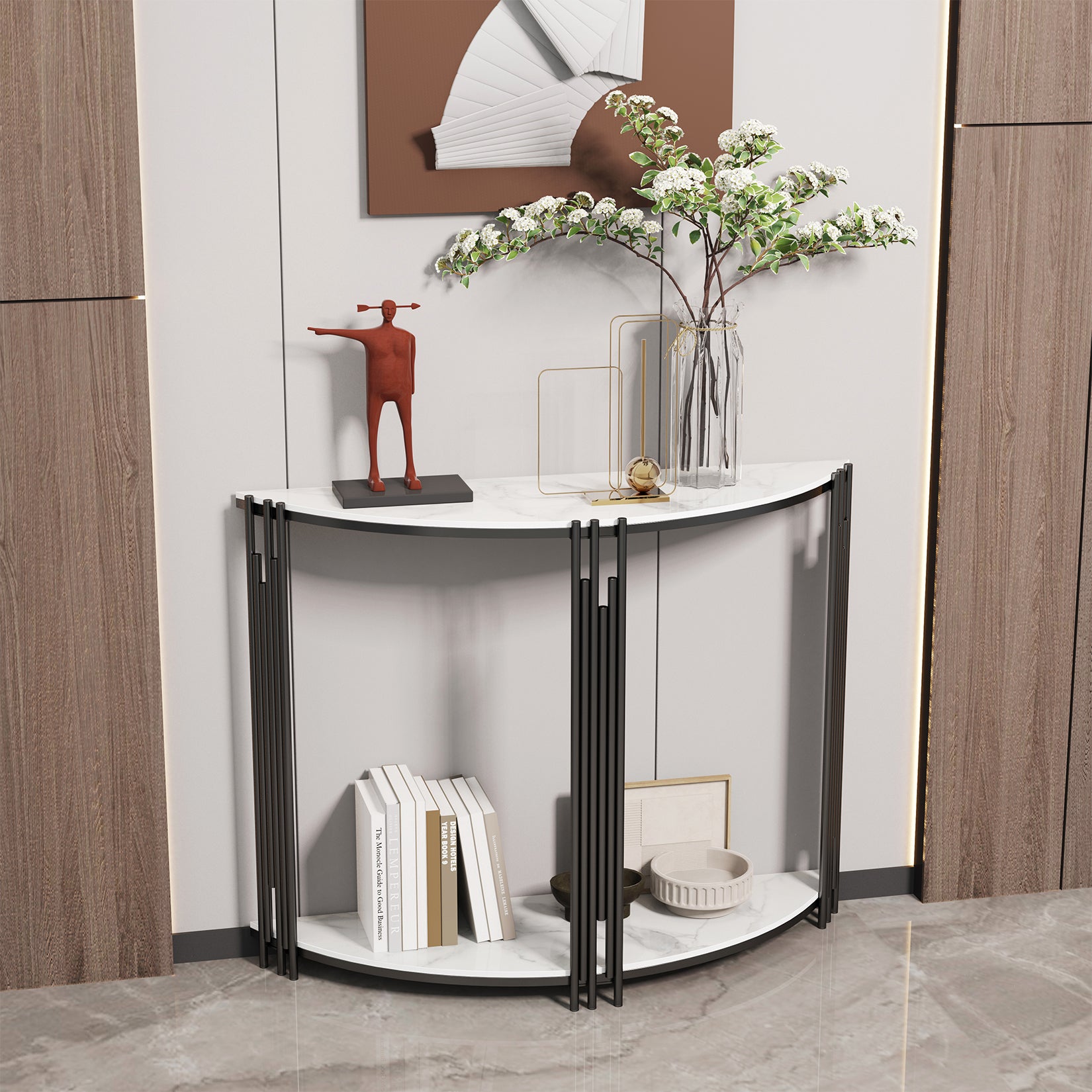 Half Moon Console Table with Open Shelf Sintered Stone-top Living Room Hallway Storage Table