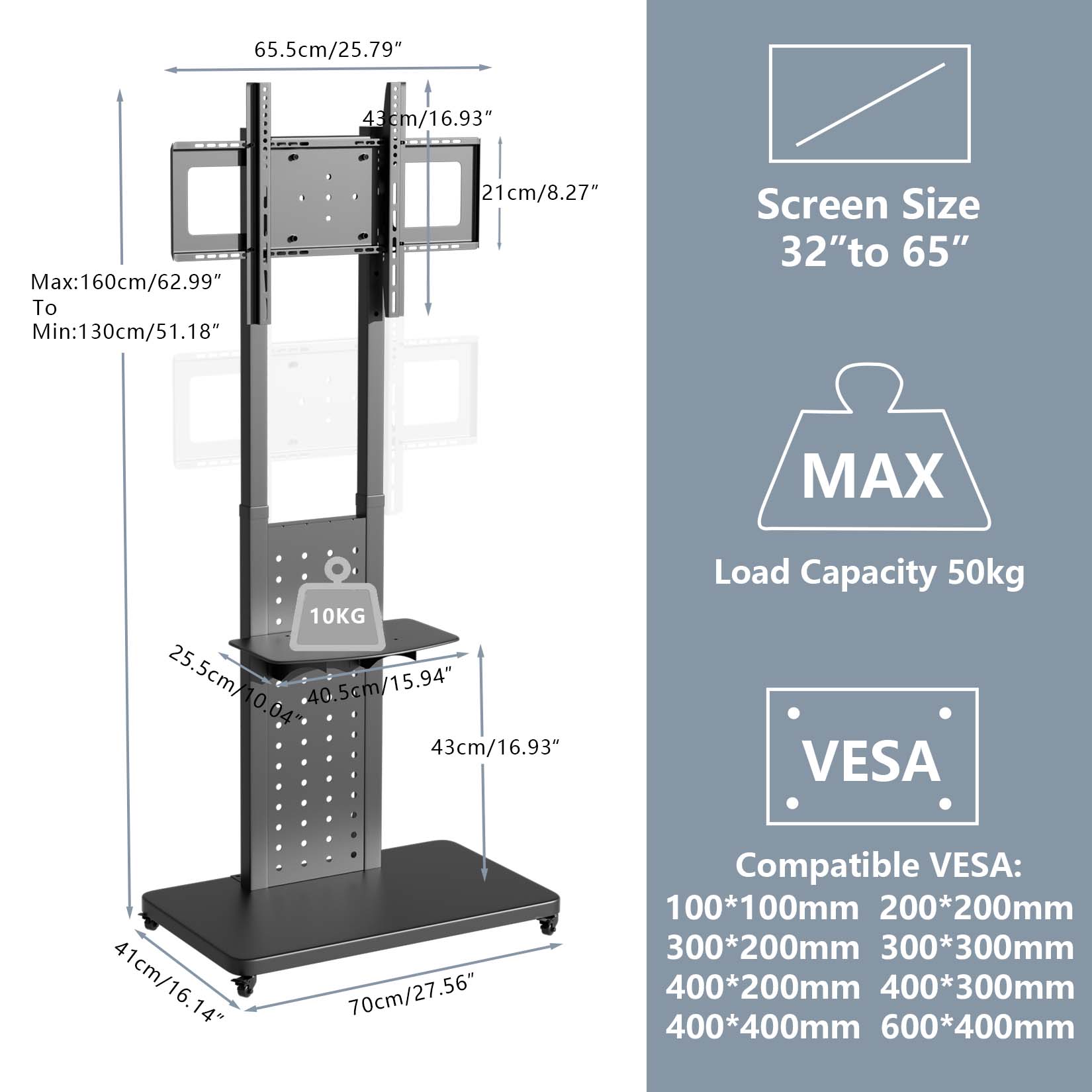 TV Floor Stand on Wheels with Storage Shelves Trolley TV Mount for 32’’-65'' TV LCD