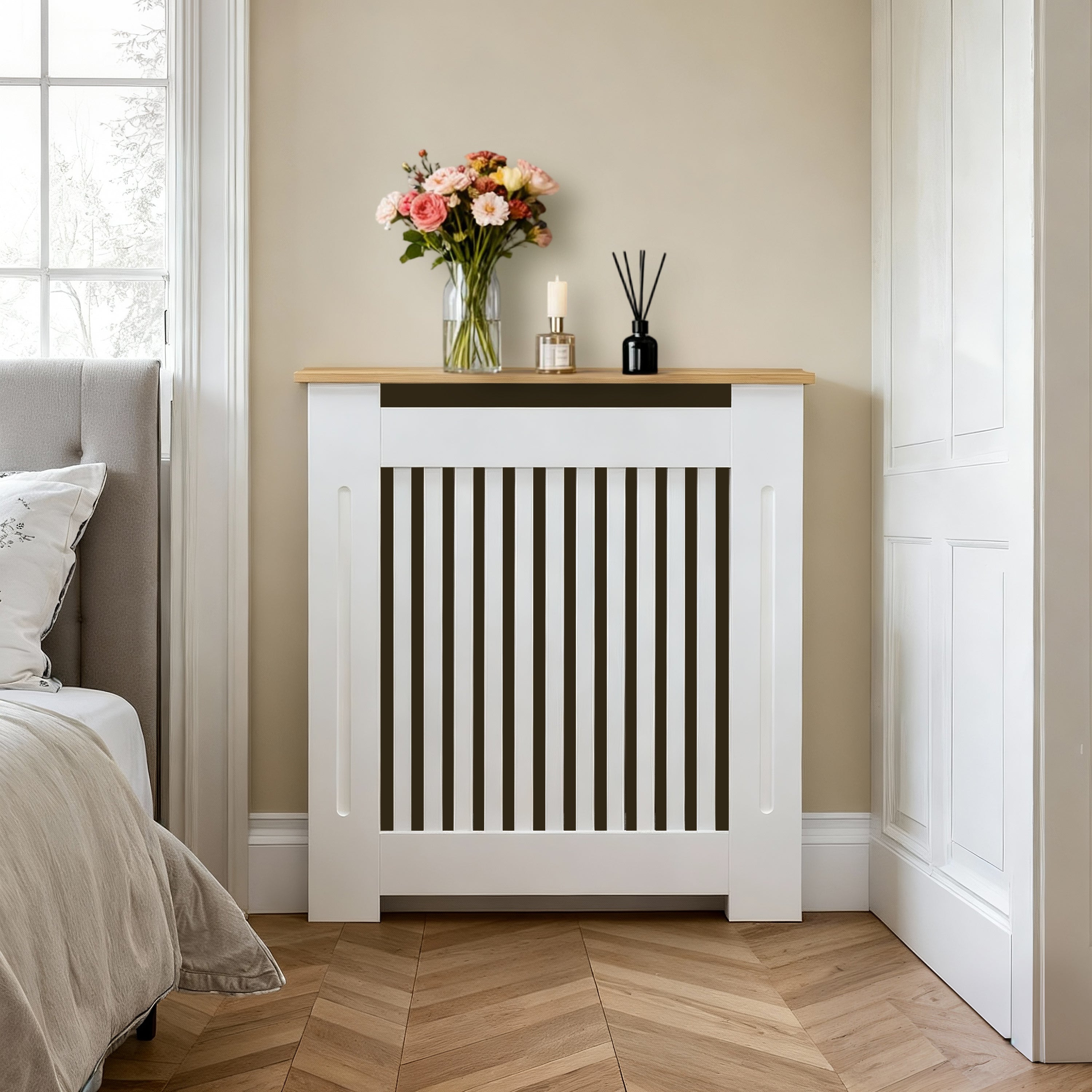 FATIVO Radiator Cover | Intenal Height 90.5cm | Vertical Slatted White Radiator Cover w/ Wood-grain Top, MDF Heater Cover