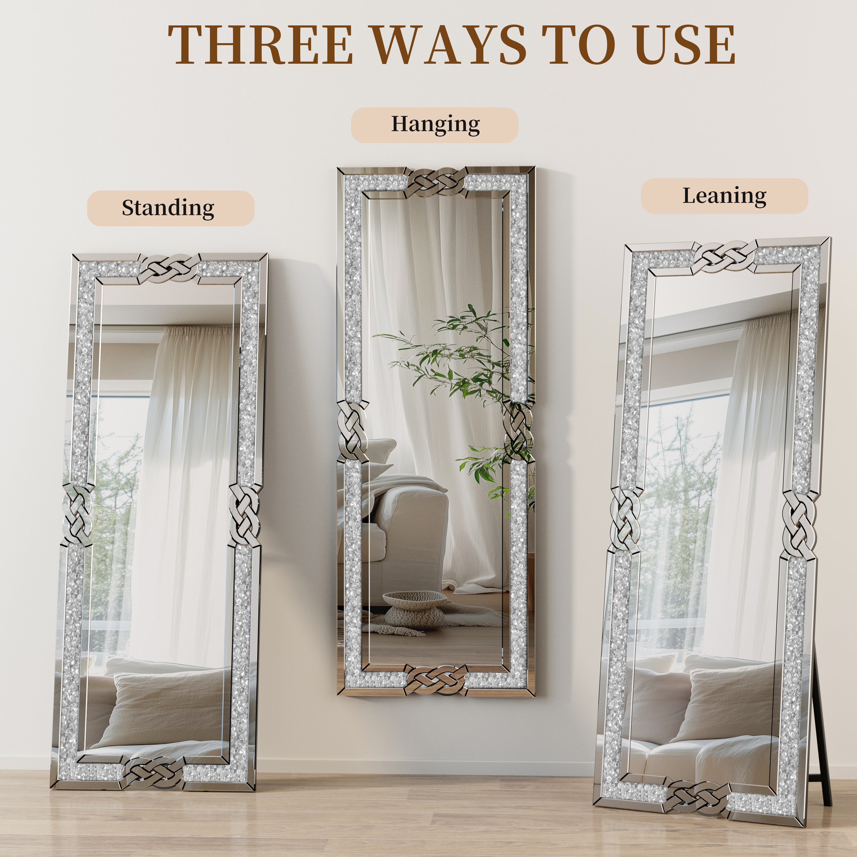 Full Body Mirror with Stand Crush Diamond Standing/ Wall-Mounted Dressing Mirror