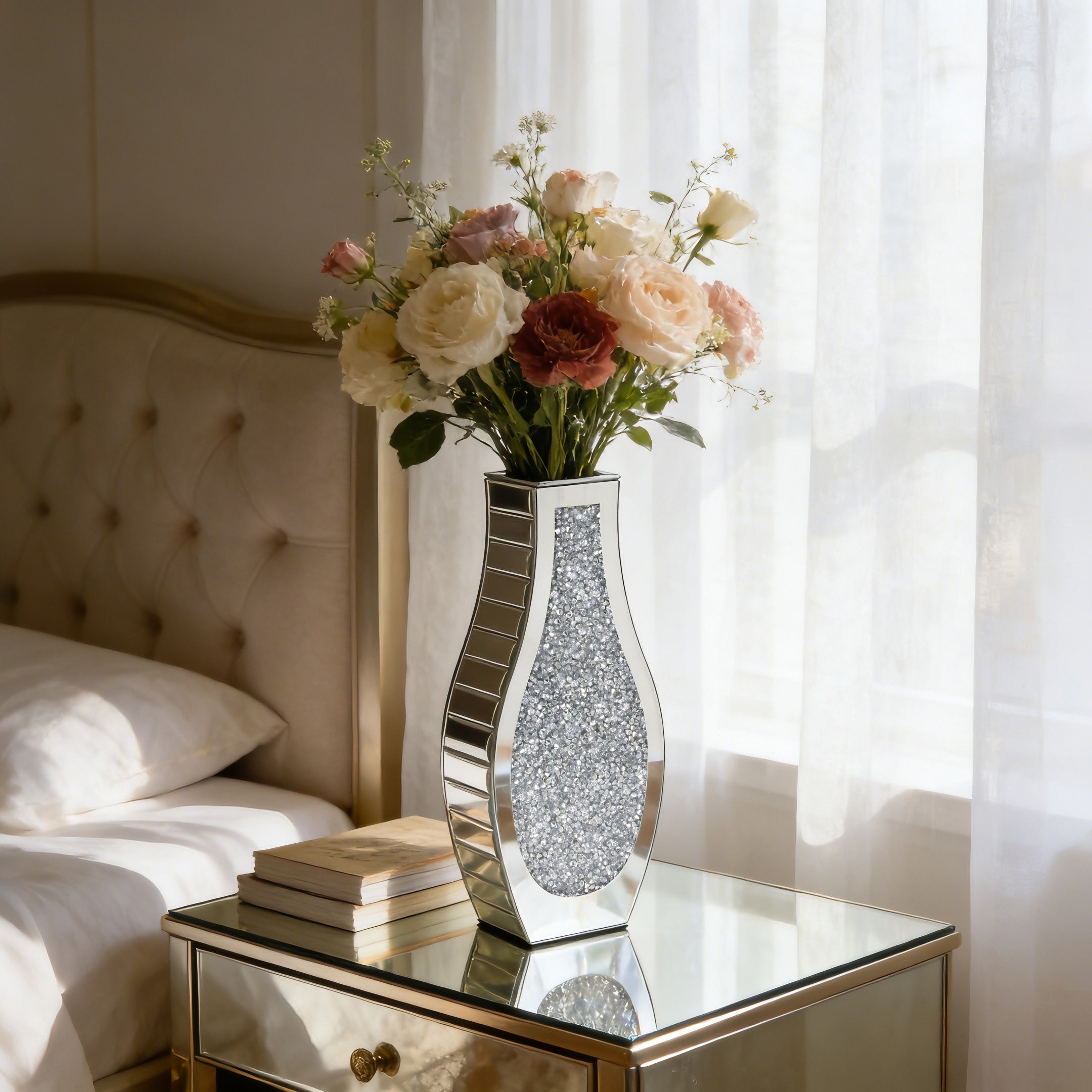 Silver Crushed Diamond Table Flower Vase for Dried Flowers Mirrored Table Centerpiece