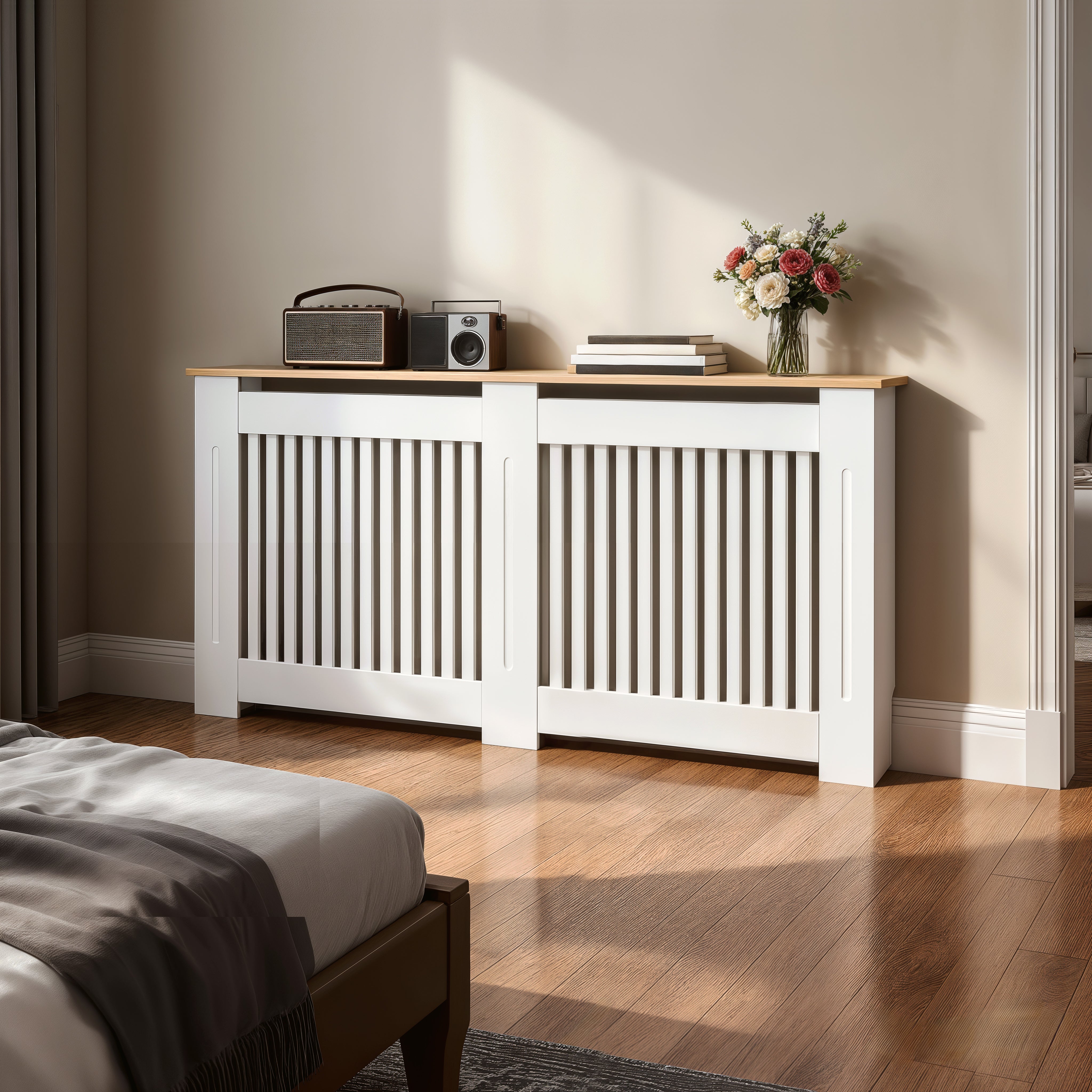 FATIVO Radiator Cover | Internal Height 81cm |  Vertical Slatted Heater Radiator Cover White MDF Radiator Cover with Wood Texture Nature Top for Living Room, Bedroom