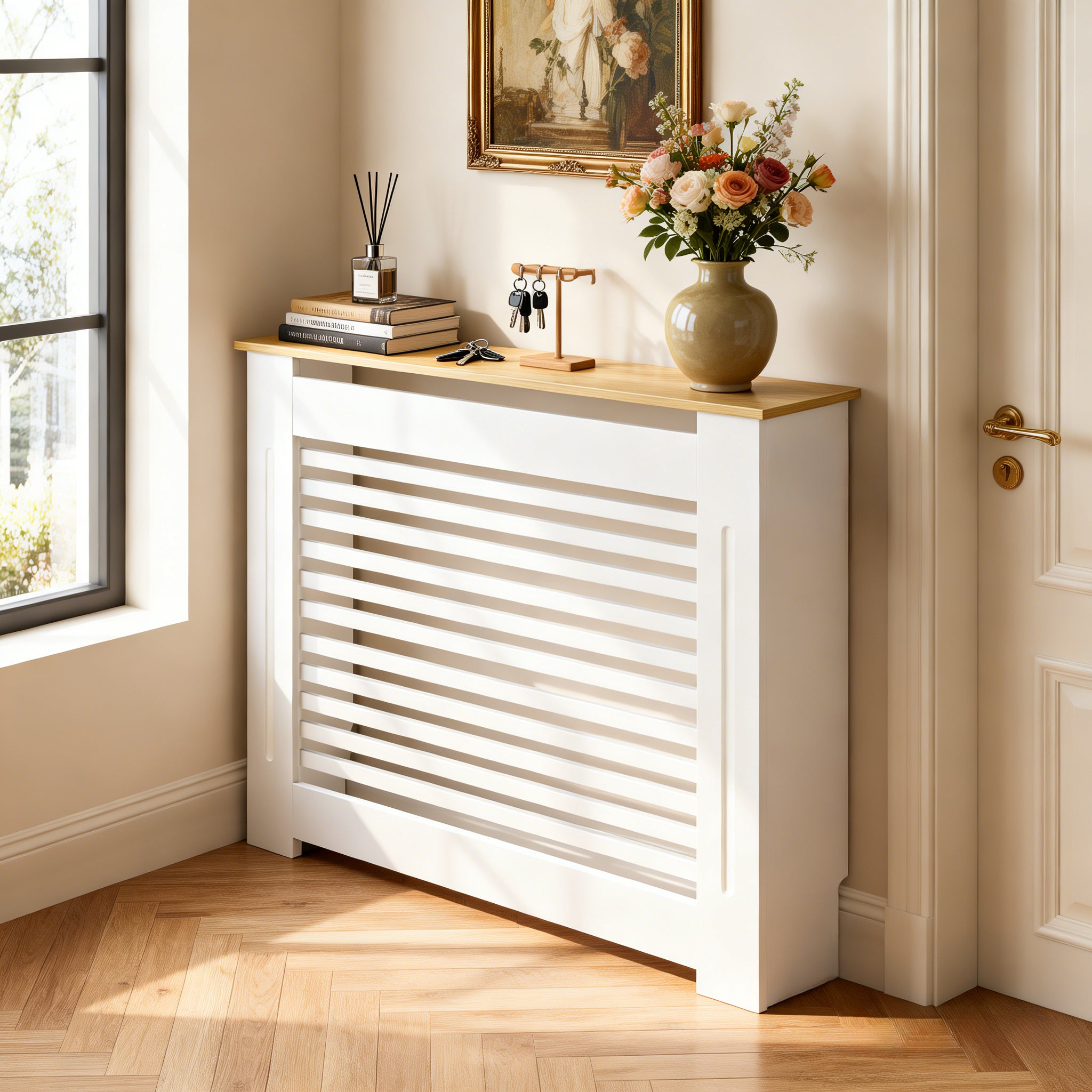 FATIVO Radiator Cover: Internal Height 90.5cm | Horizontal Slatted Radiator Cover with Natural Wood Texture Top, White MDF Wall Heater Cover for Old, Compact Radiators