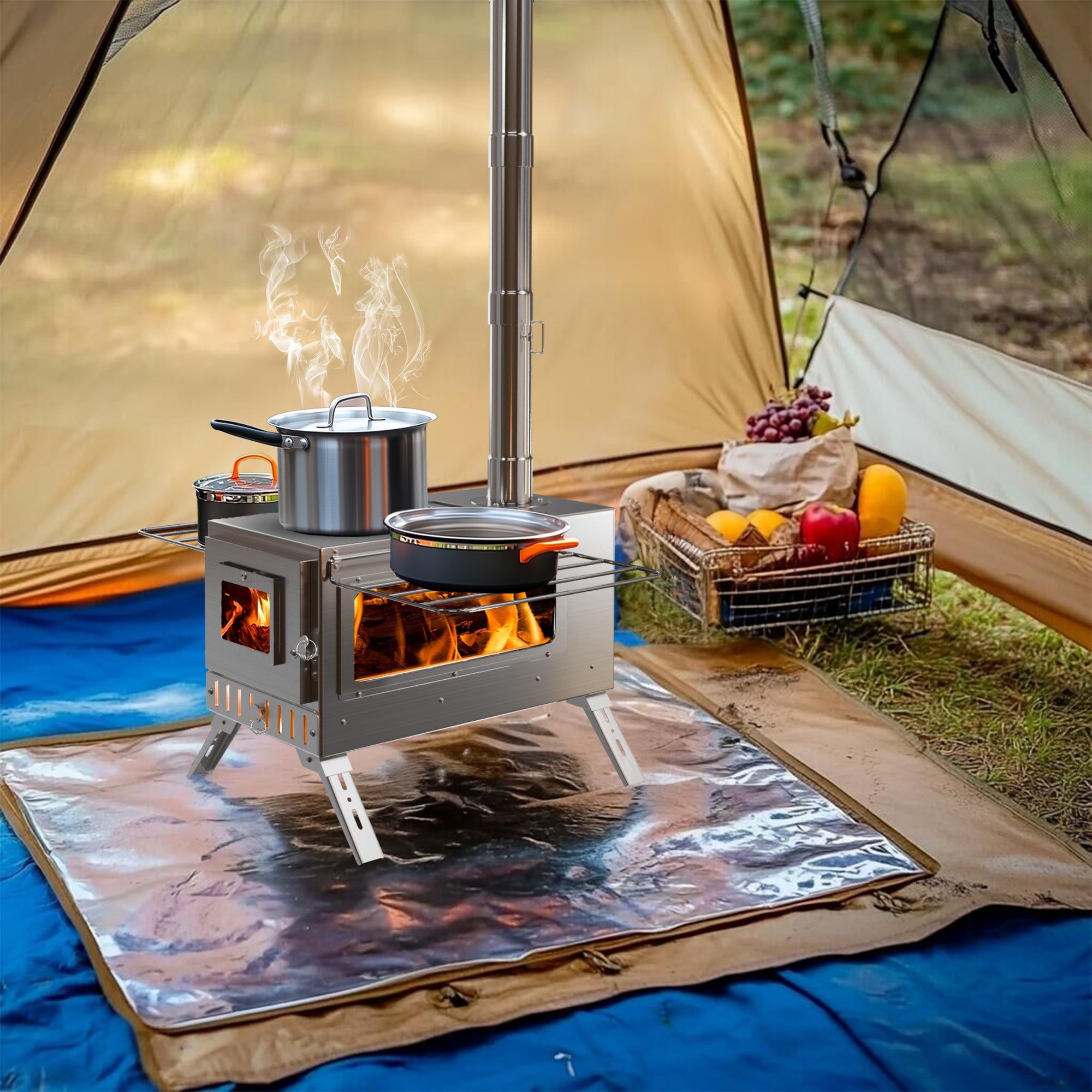 Outdoor Camping Tent Wood Burner Stove Fire Pit with 7 Chimney Pipes